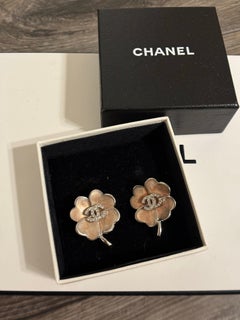 CHANEL Vintage Silver Crystal CC Pink Floral Clip On Earrings
