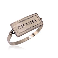 Chanel Vintage Silver Metal Beige Enamel Mademoiselle Bangle Bracelet