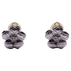Chanel Vintage Silver Metal Quilted Camellia Flower Clip On Earrings