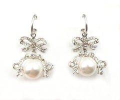 Chanel Vintage Silver Ribbon Pearl Hoop Earrings