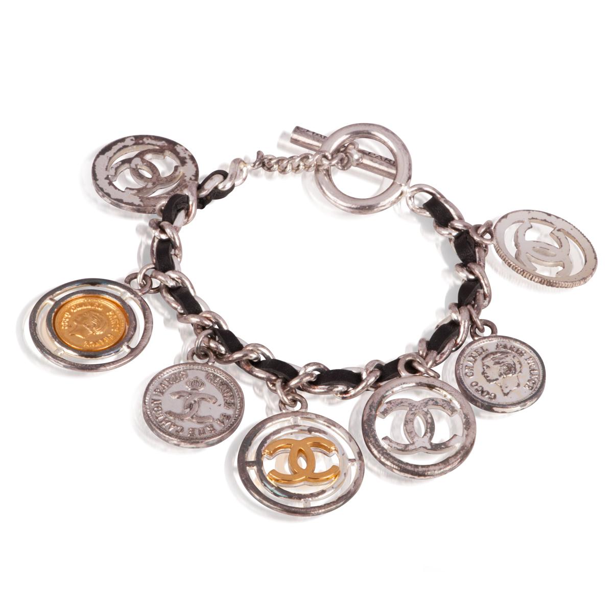Chanel Vintage Silver-Tone Leather CC Logo Coins Charm Bracelet 