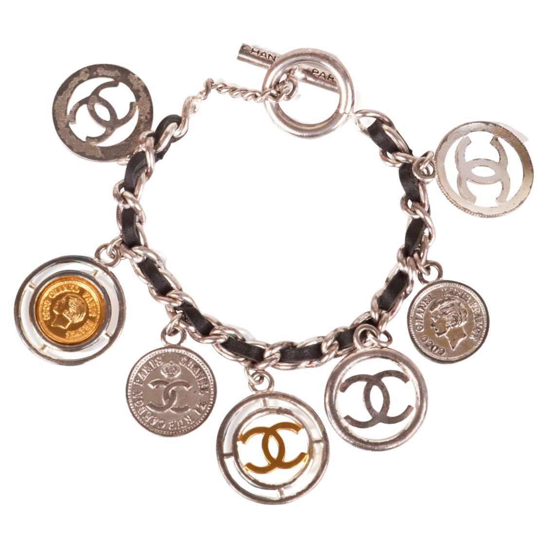 Chanel - Vintage Silver-Tone Leather CC Logo Coin Charm Bracelet France 1997 French