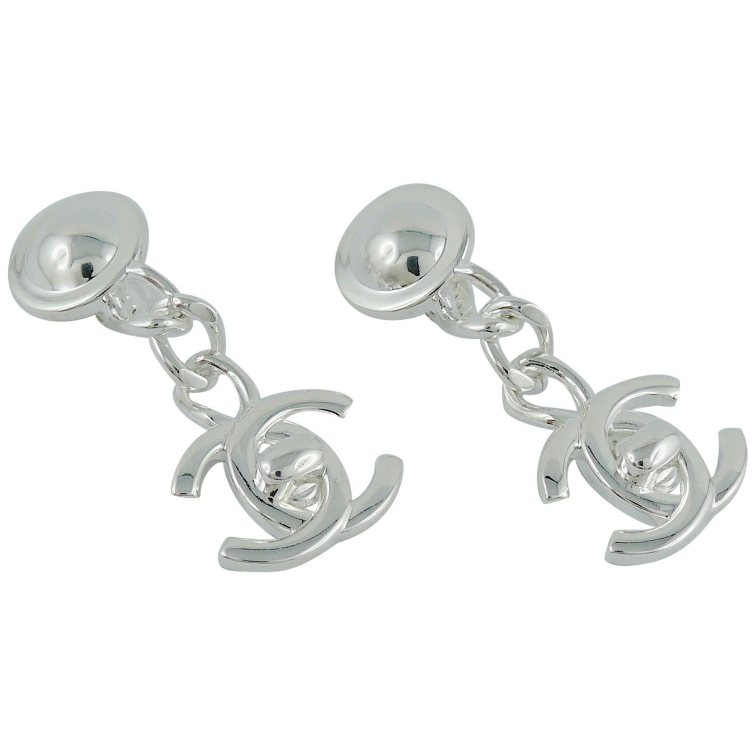 Chanel Vintage Silver Toned CC Turnlock Dangling Earrings FW 96