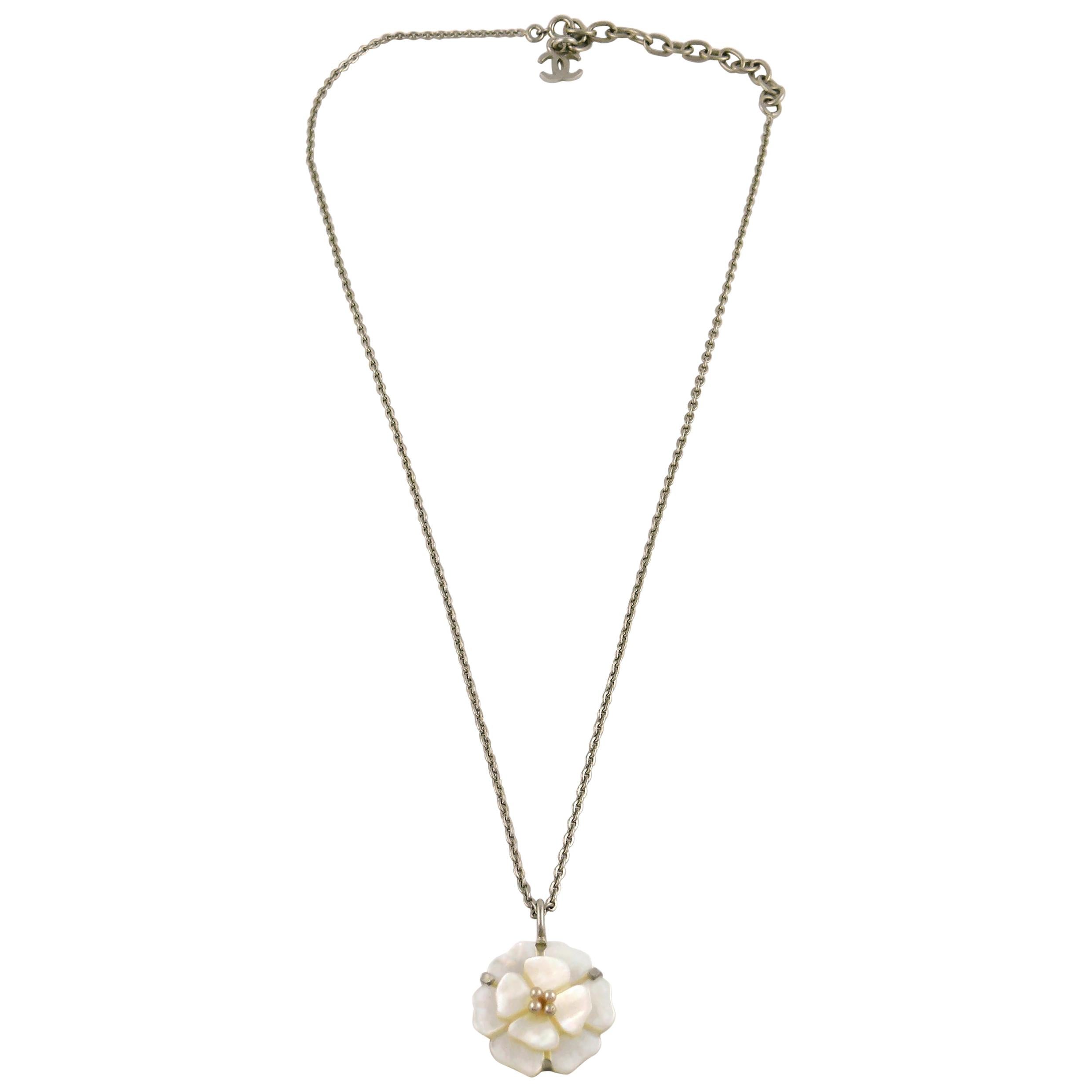 Chanel Vintage Silver Toned Camellia Flower Pendant Necklace