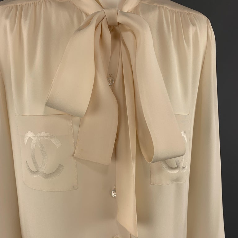 CHANEL Vintage Size 4 Cream Silk CC Pocket Bow Collar Blouse
