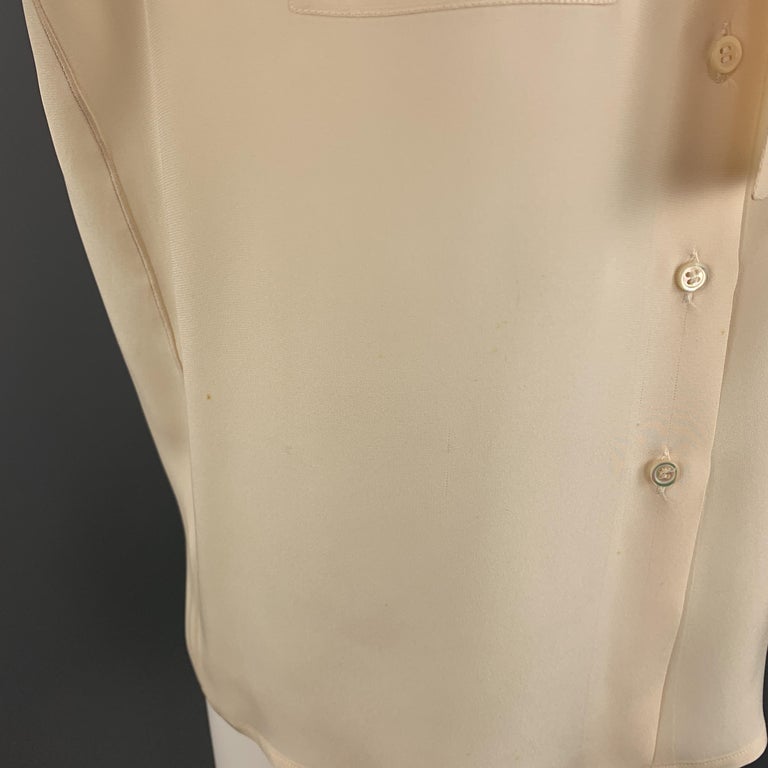 CHANEL Vintage Size 4 Cream Silk CC Pocket Bow Collar Blouse at 1stDibs