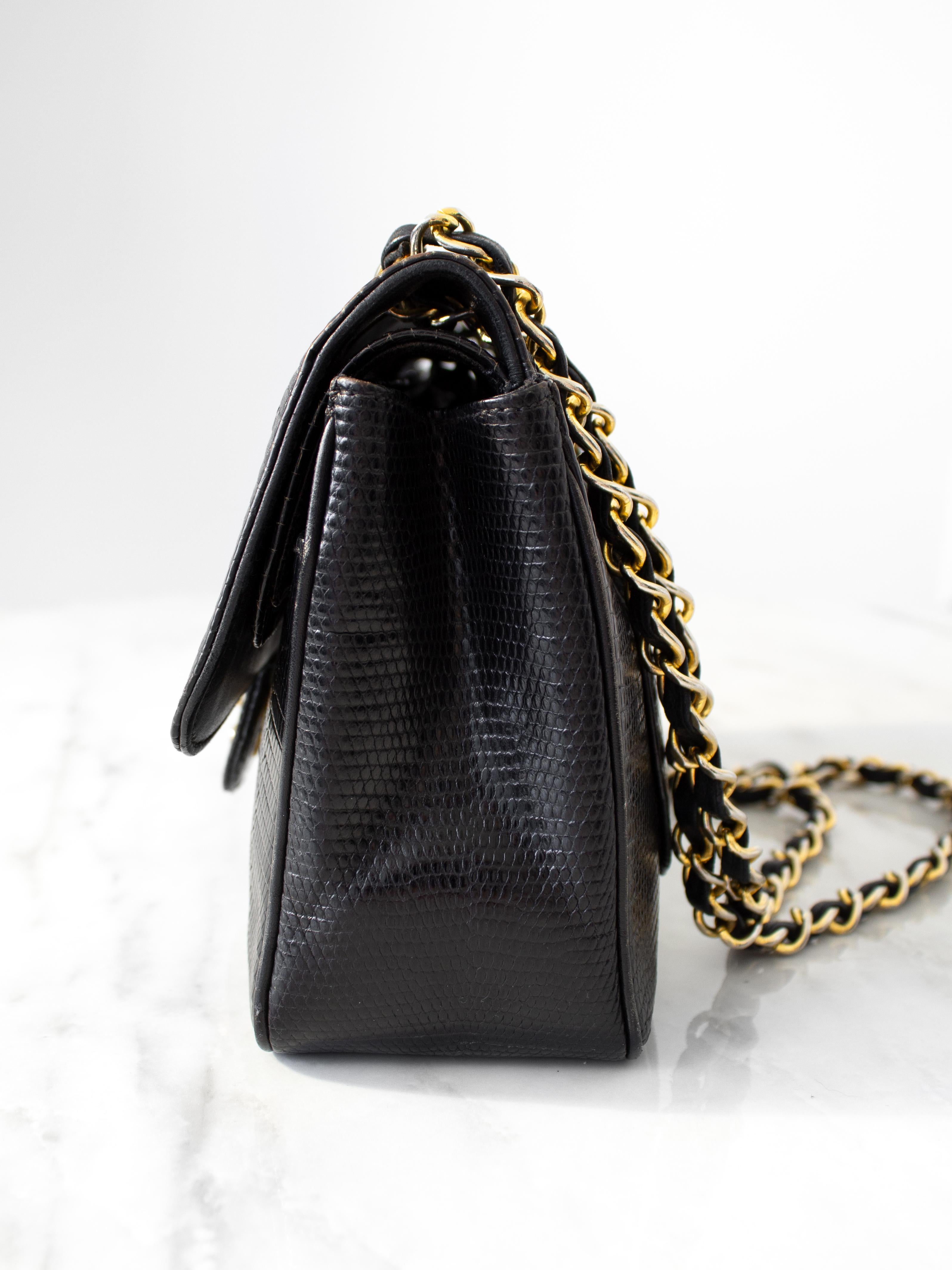 Chanel Vintage Small Classic Flap Exotic Lizard Leather 24K Gold CC Black Bag For Sale 7
