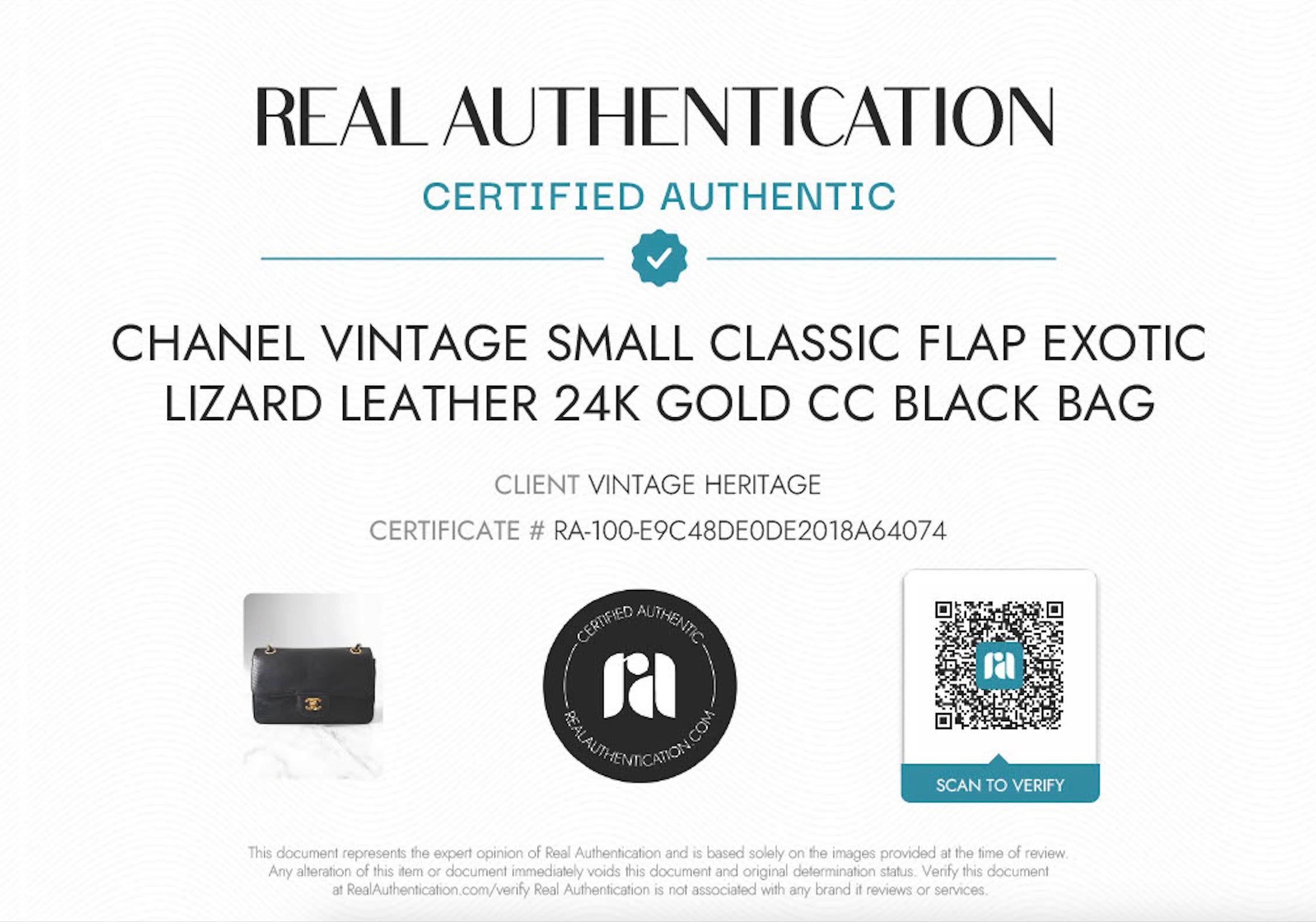 Vintage Chanel 'Creme de la Creme'! Small classic flap crafted from lizard skin with exquisite 24 carat gold-plated hardware. Series 1, produced between 1989 and 1991.
In light of Chanel's 2018 commitment to cease using exotic skins, this bag is a