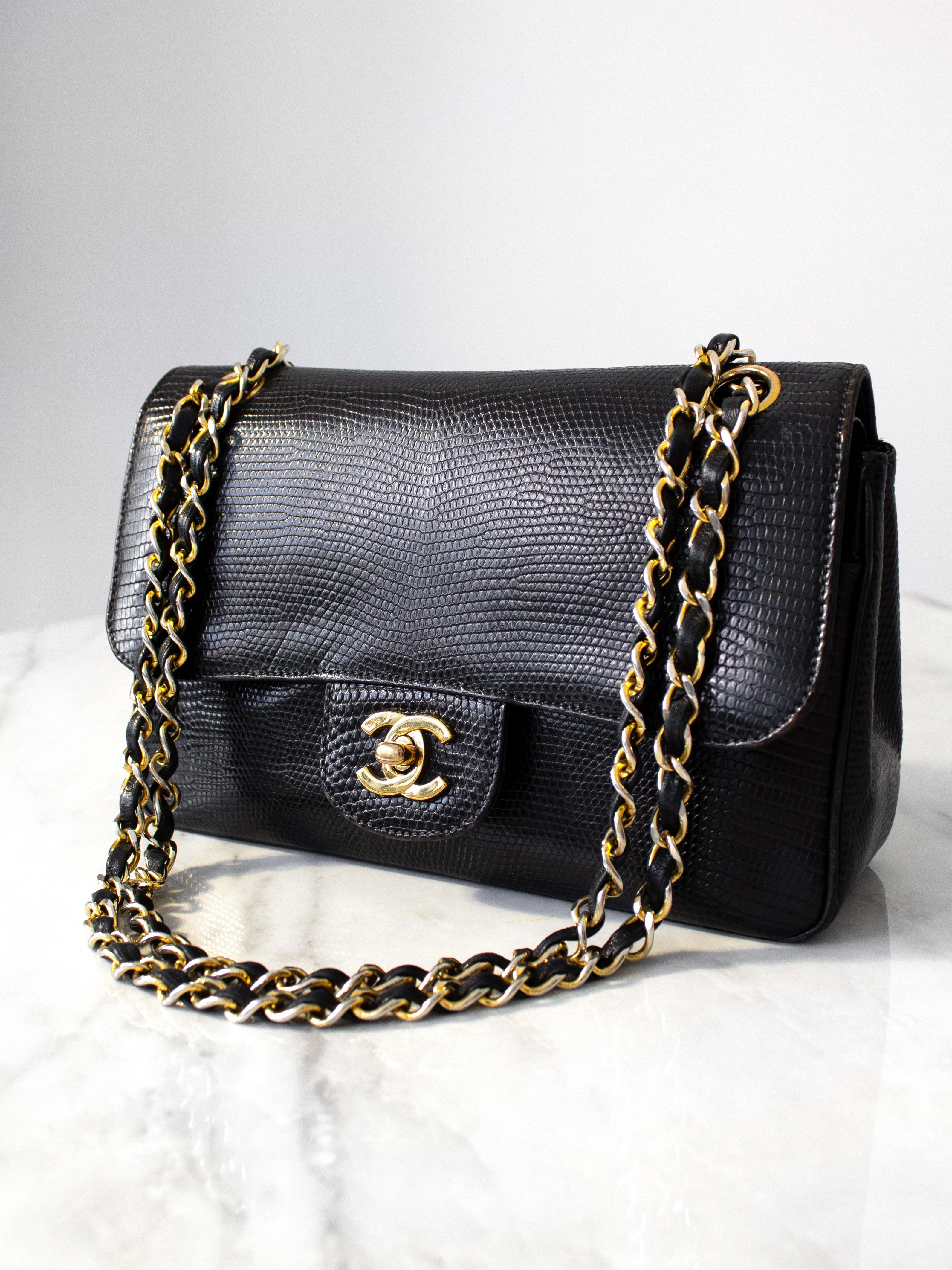 Chanel Vintage Small Classic Flap Exotic Lizard Leather 24K Gold CC Black Bag In Good Condition For Sale In Jersey City, NJ