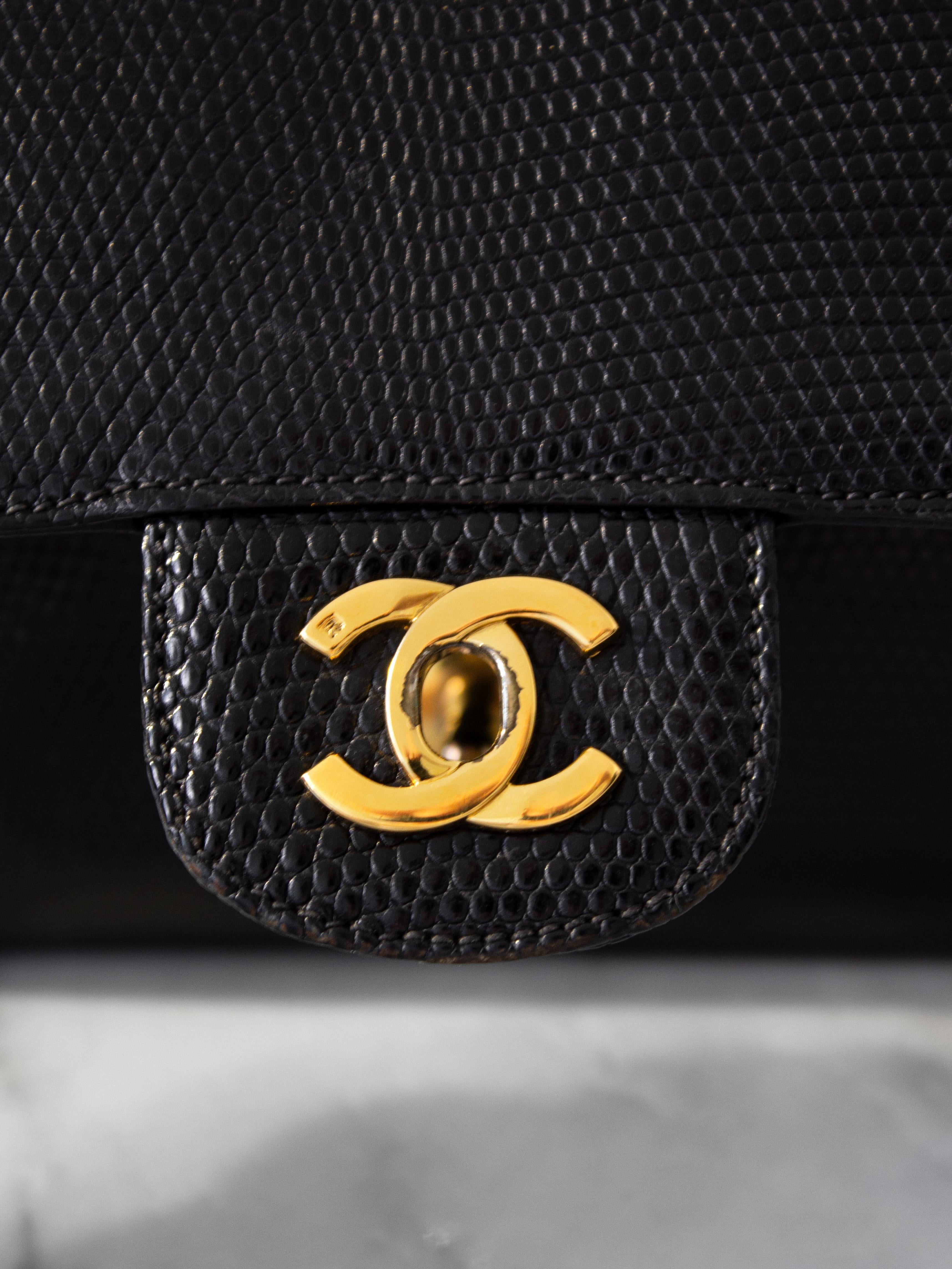 Chanel Vintage Small Classic Flap Exotic Lizard Leather 24K Gold CC Black Bag For Sale 1