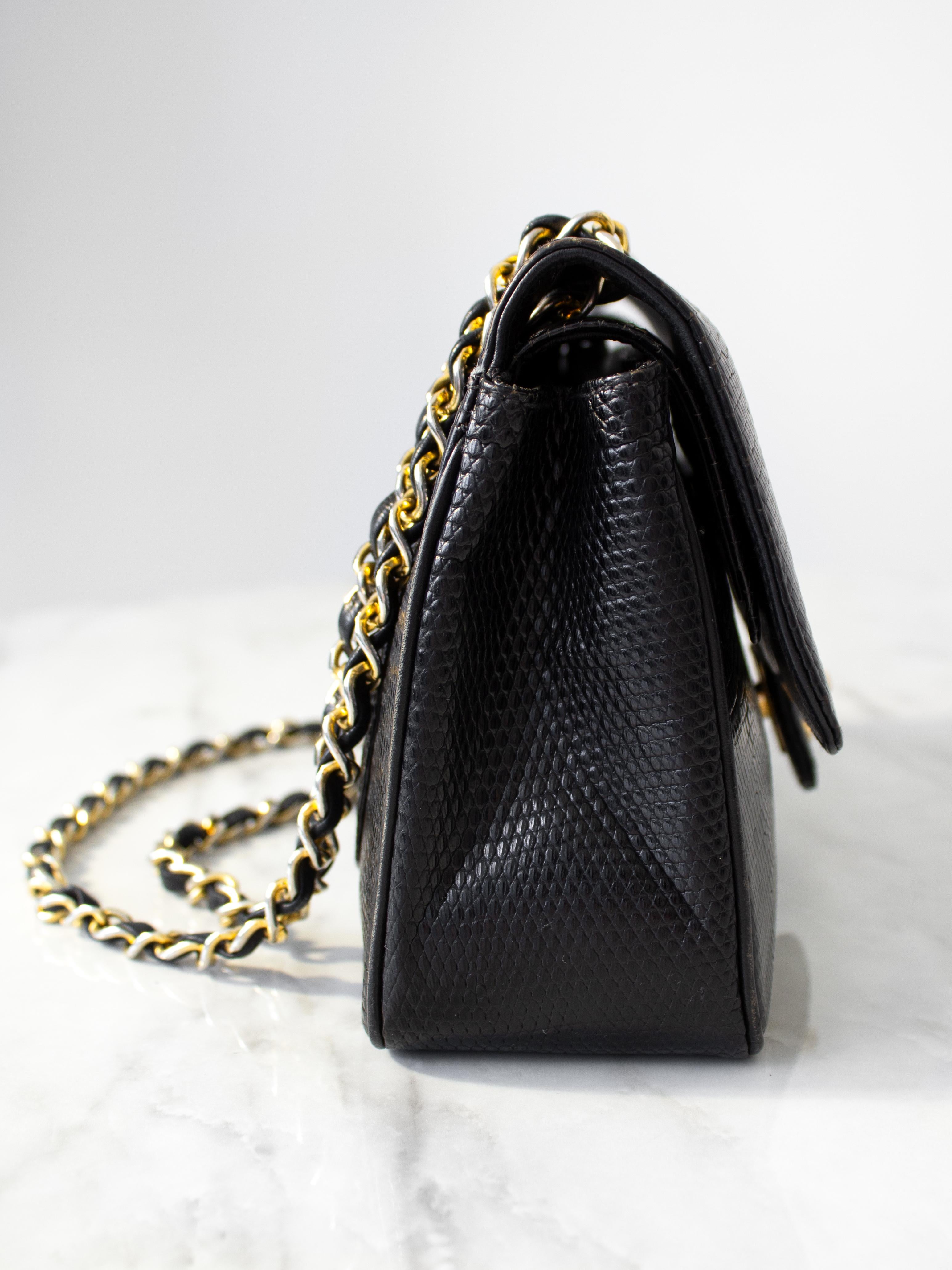 Chanel Vintage Small Classic Flap Exotic Lizard Leather 24K Gold CC Black Bag For Sale 5