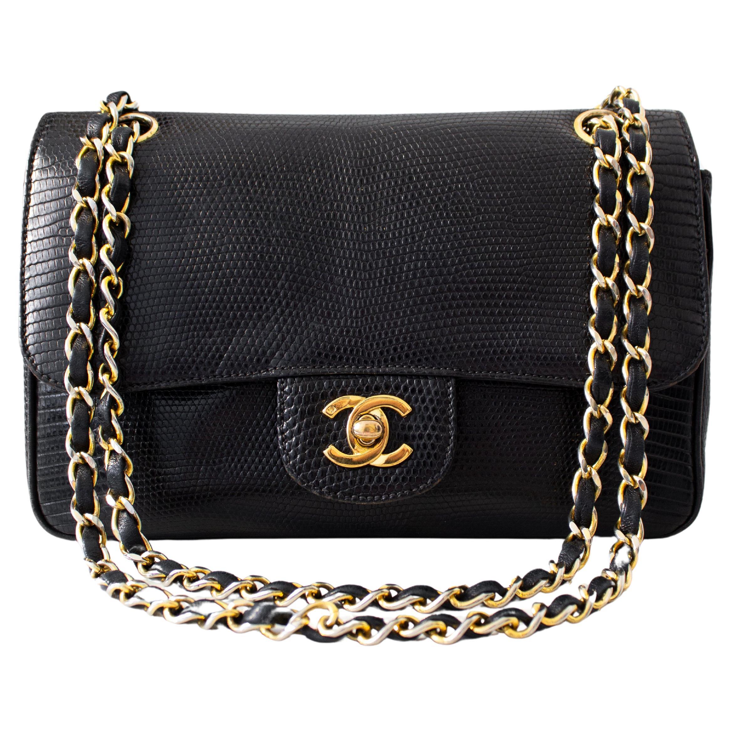 Chanel Vintage Small Classic Flap Exotic Lizard Leather 24K Gold CC Black Bag