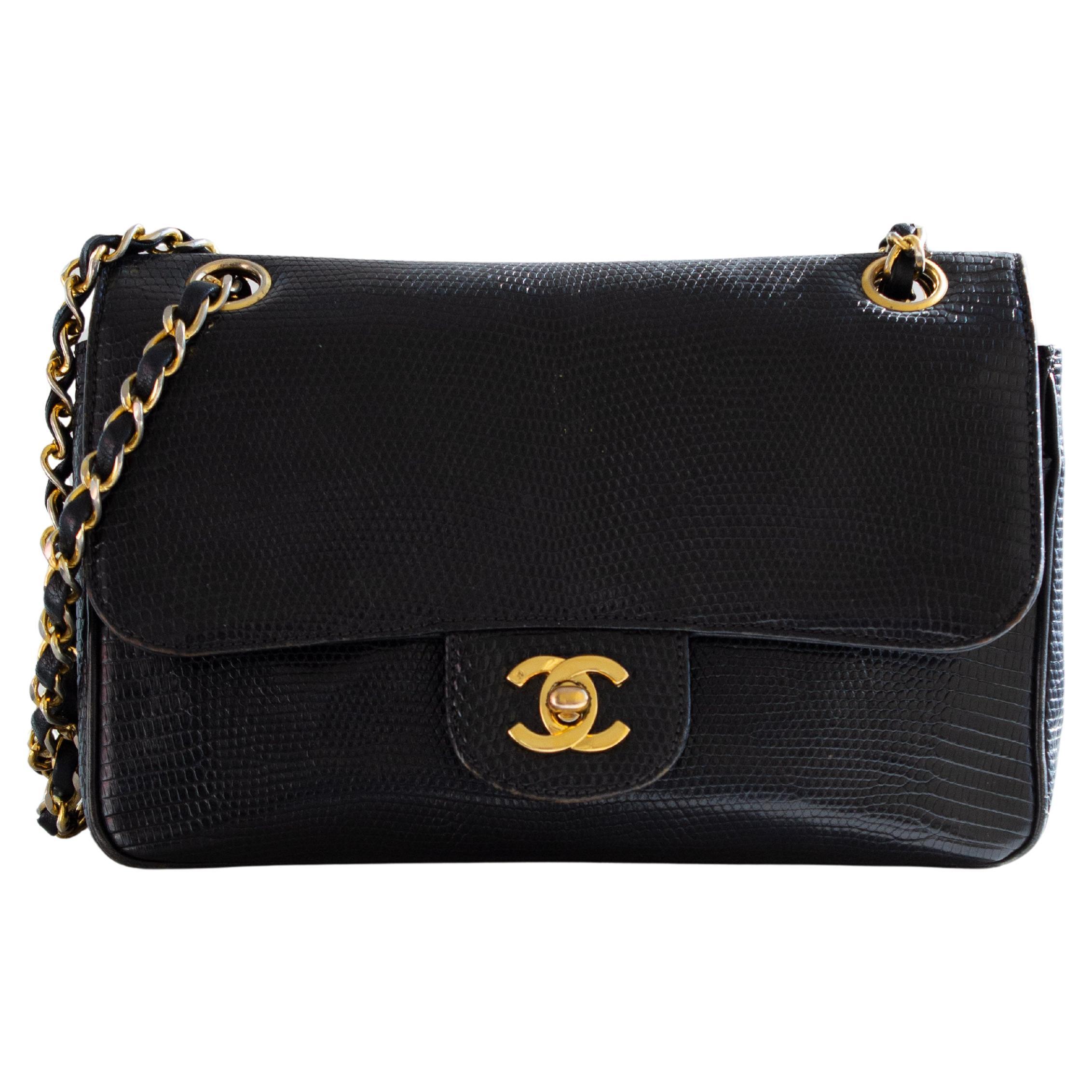 Chanel Vintage Small Classic Flap Exotic Lizard Leather 24K Gold CC Black Bag For Sale