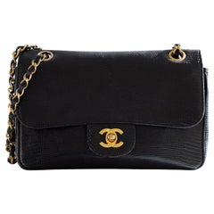 Chanel Vintage Small Classic Flap Exotic Lizard Leather 24K Gold CC Black Bag