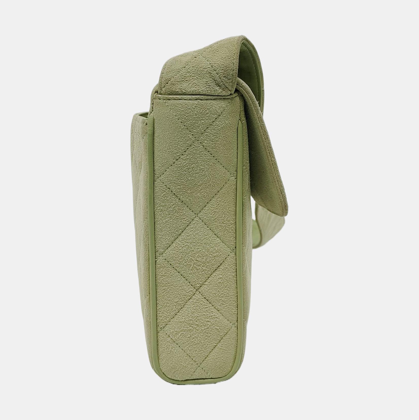 Brown Chanel Vintage Small Flap Crossbody Bag Green Suede Leather, 1991-1994 For Sale