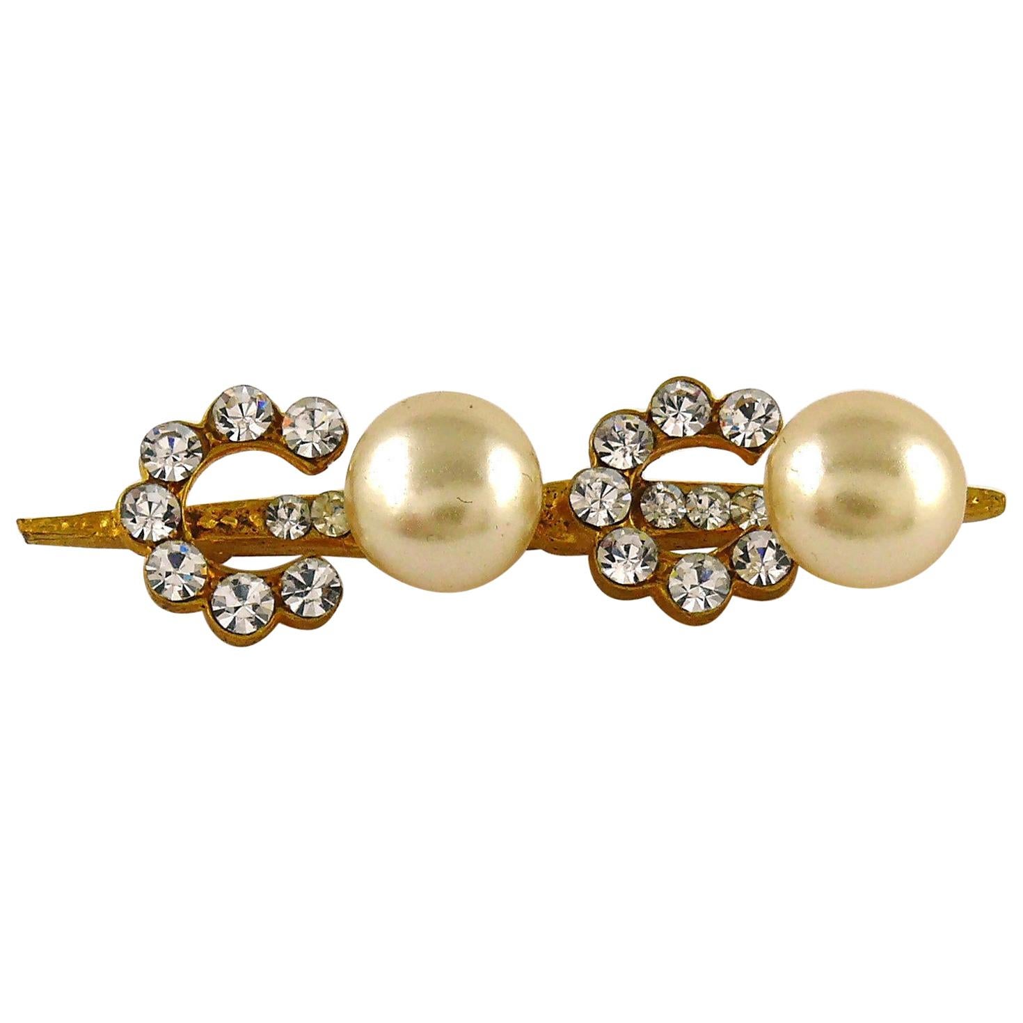 Chanel Gold Frame Pearl Crystal Large Brooch - LAR Vintage