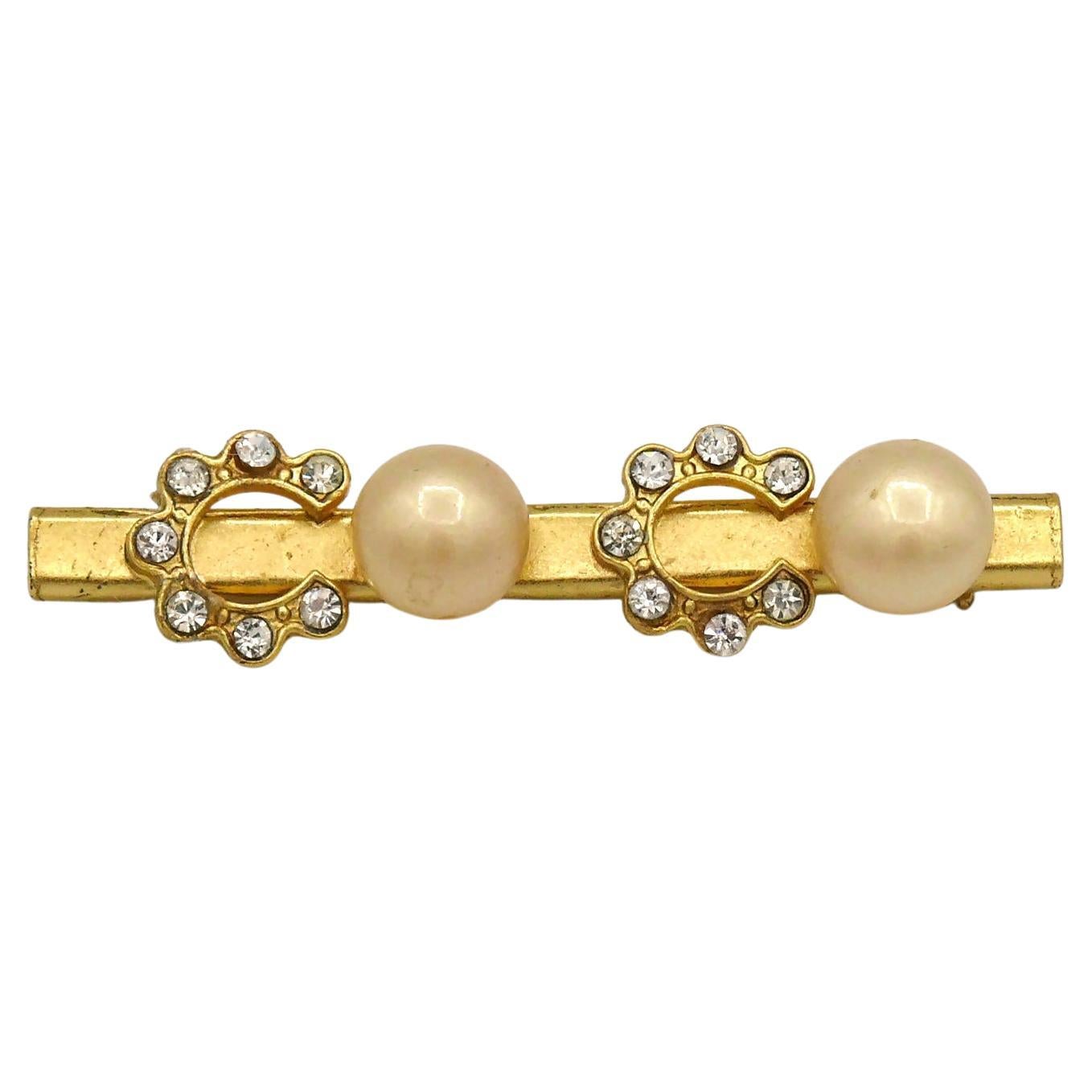 Chanel Vintage Spelling C O C O Pearl and Crystal Brooch For Sale
