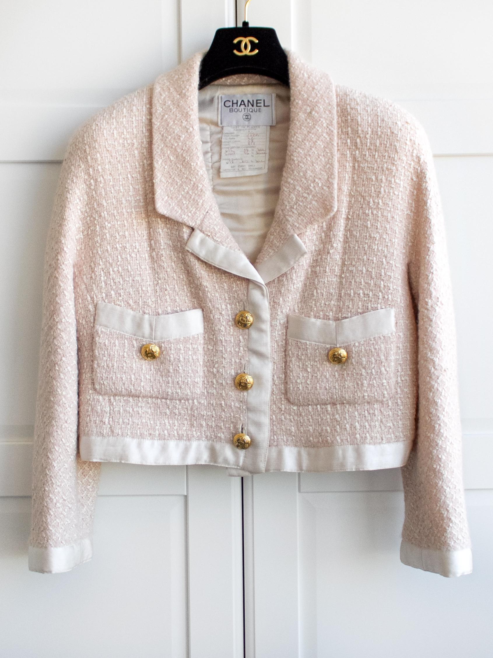 Chanel Vintage Spring 1990 Pink White Satin Tweed Cropped Jacket Skirt Suit 1