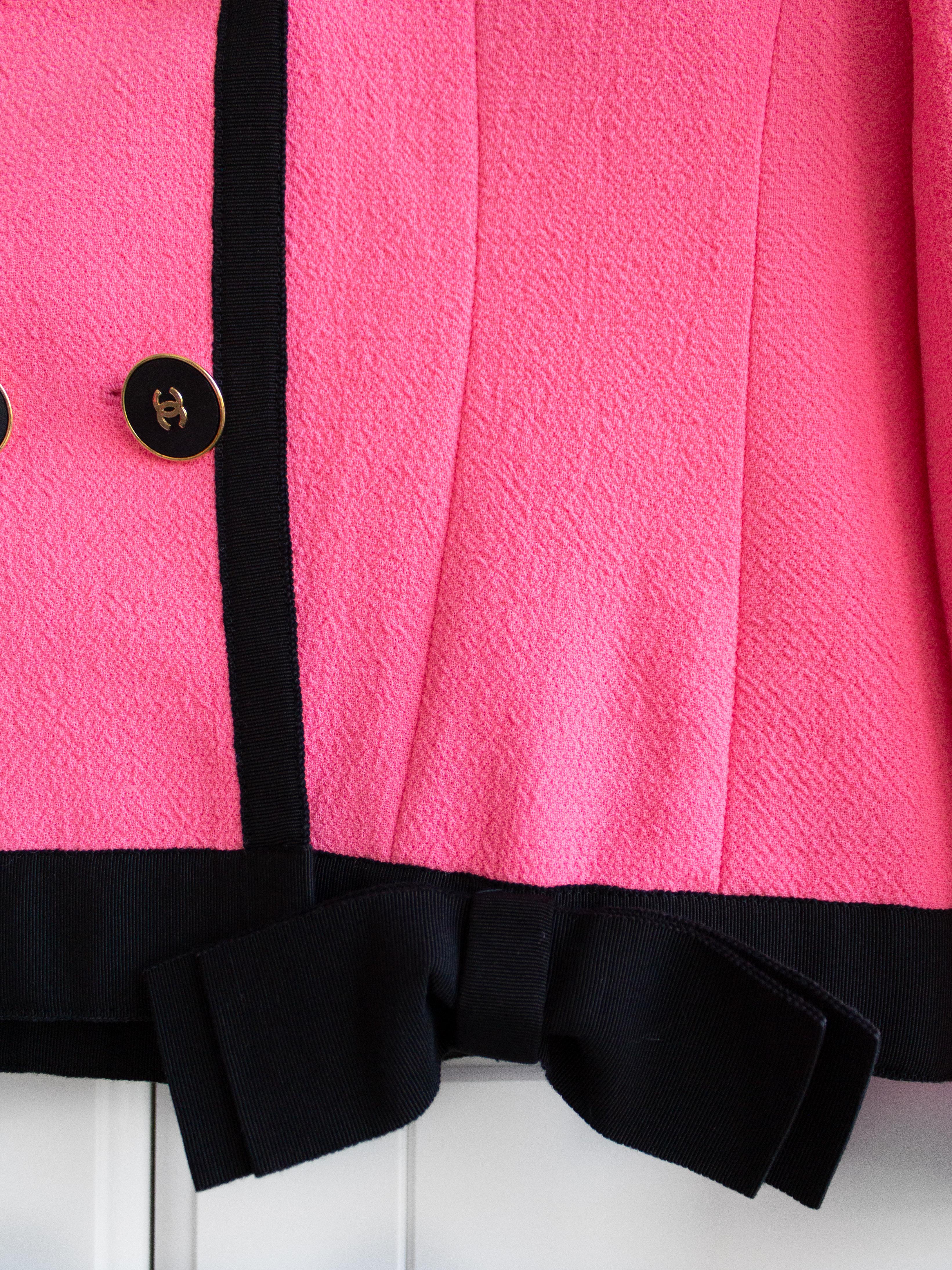 Women's Chanel Vintage Spring 1991 Linda Pink Black Bow Jacket Skirt Suit