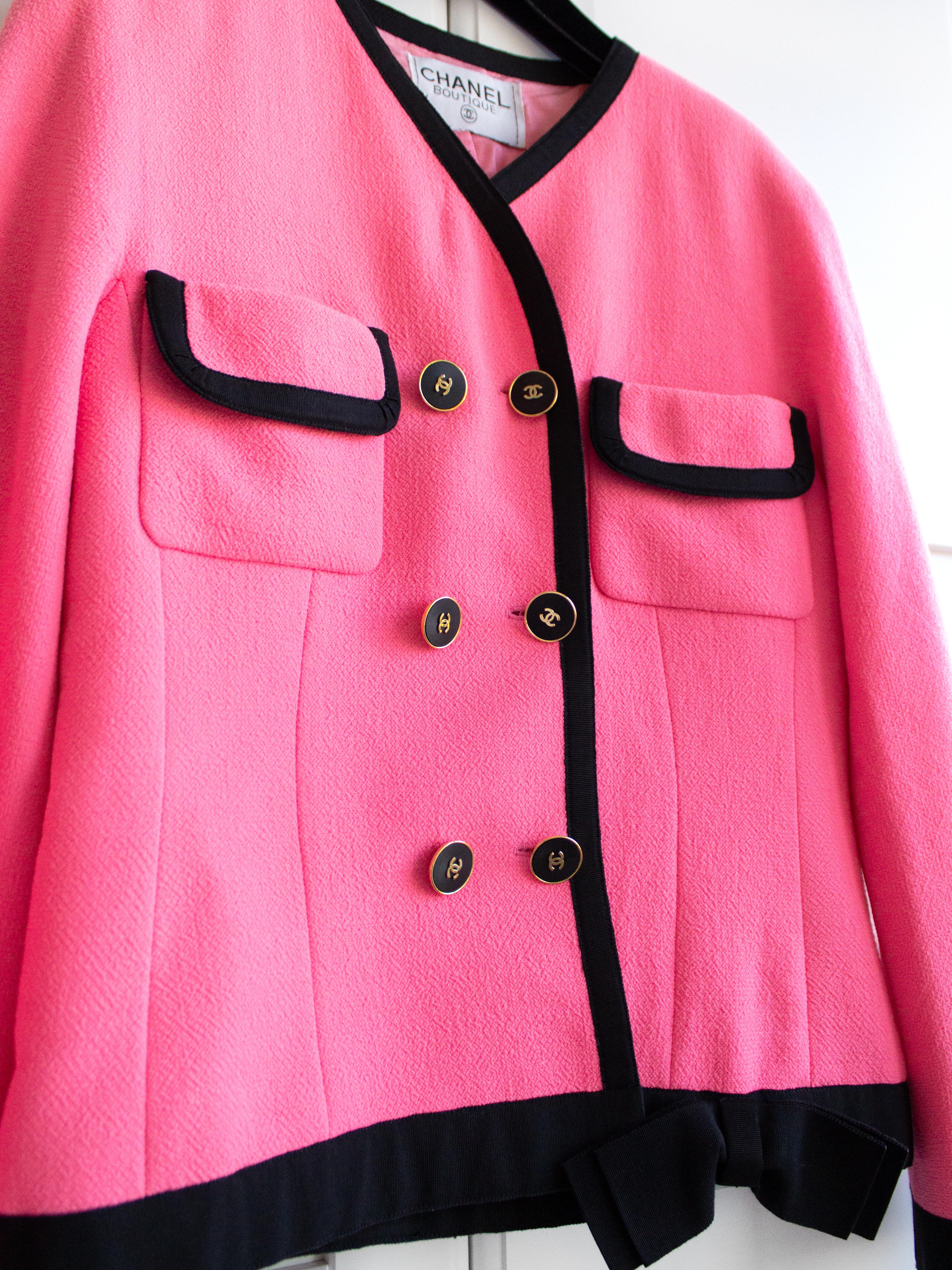 Chanel Vintage Spring 1991 Linda Pink Black Bow Jacket Skirt Suit 1
