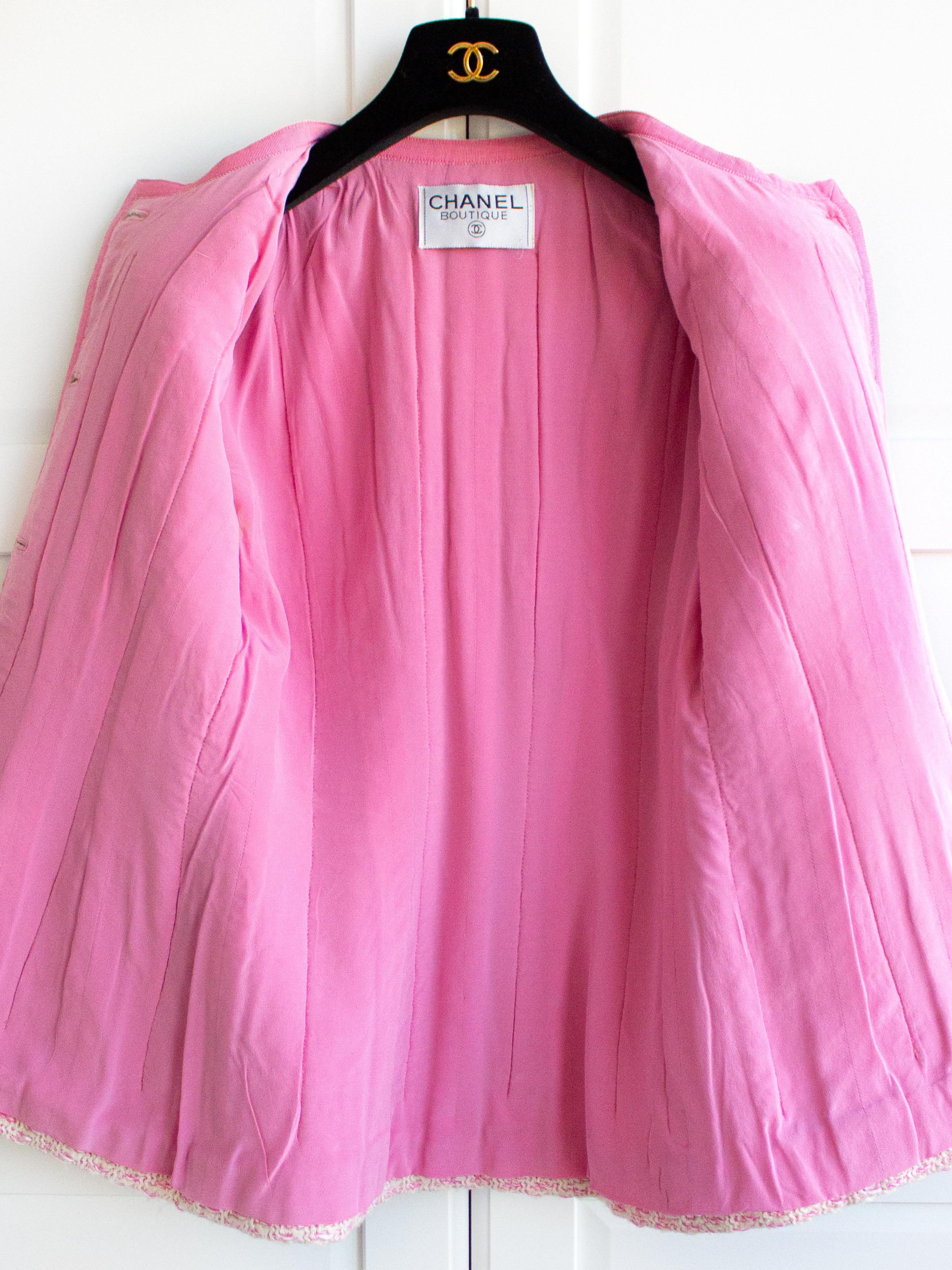 Chanel Vintage Spring 1991 Linda Pink  Ecru Fantasy Tweed Jacket Skirt Suit 4