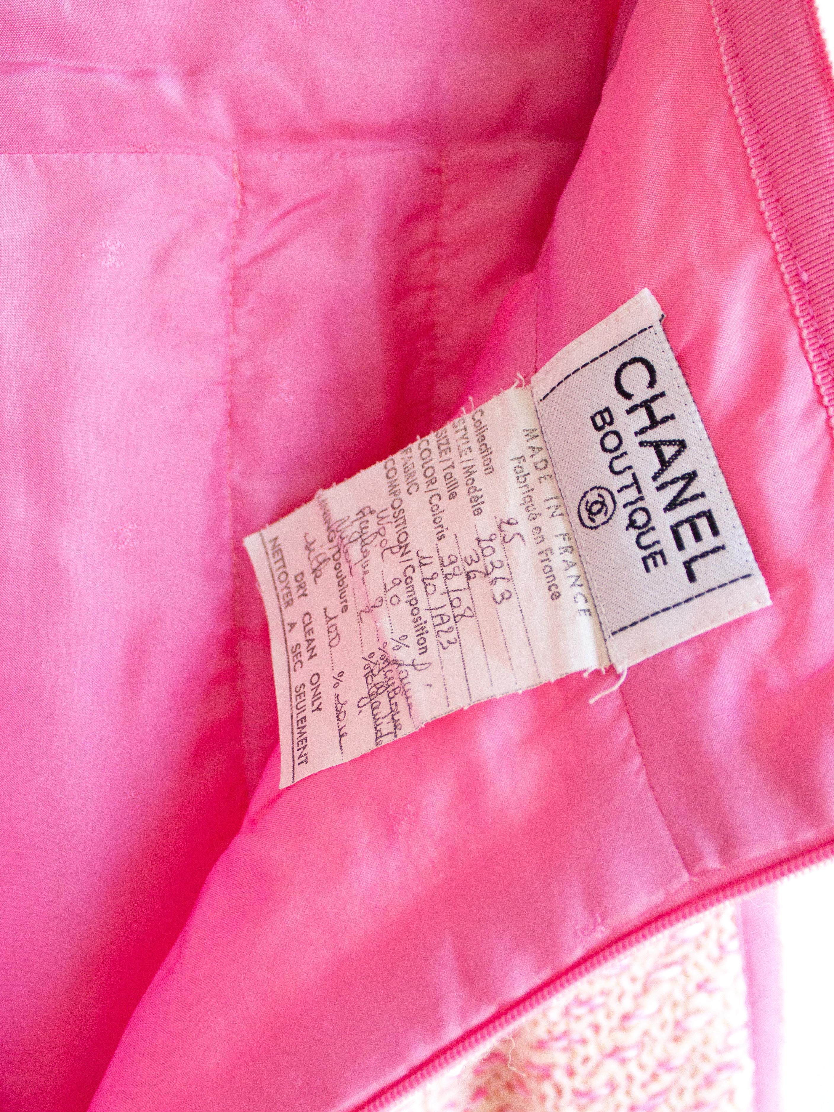 Chanel Vintage Spring 1991 Linda Pink  Ecru Fantasy Tweed Jacket Skirt Suit 8