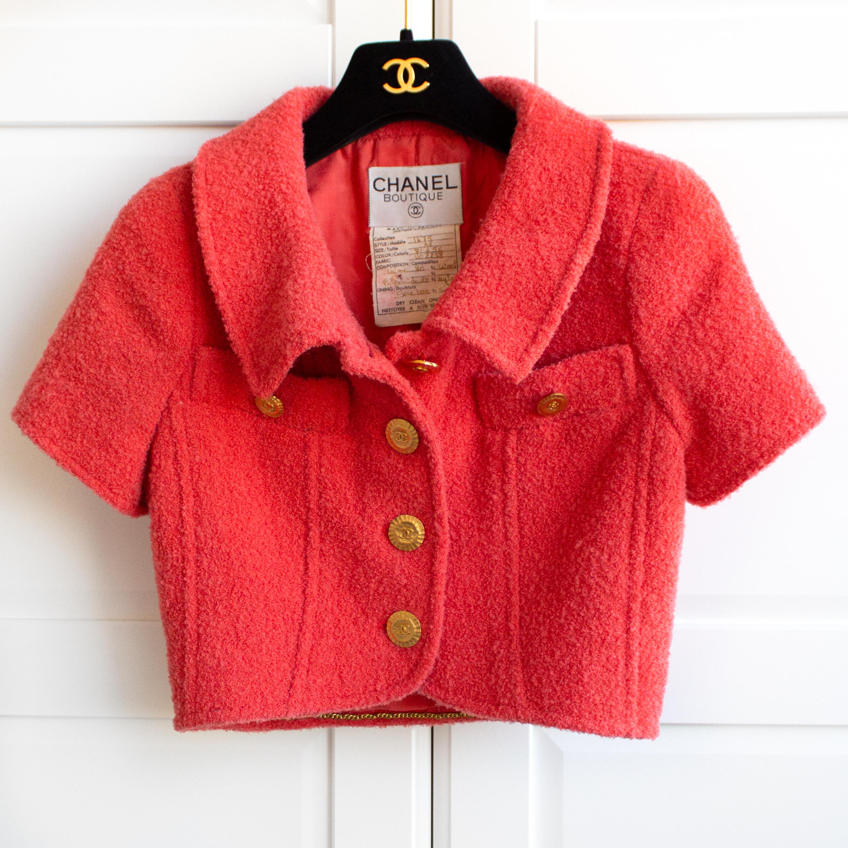  Chanel Vintage Spring 1993 Coral Red Tweed Cropped Jacket Corset Top 93P Set 7