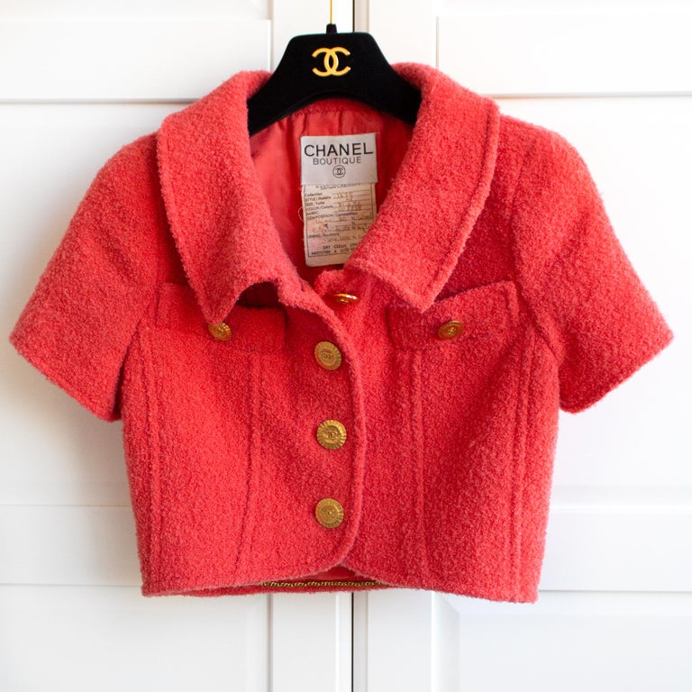 Chanel Vintage Spring 1993 Coral Red Tweed Cropped Jacket Corset Top 93P Set