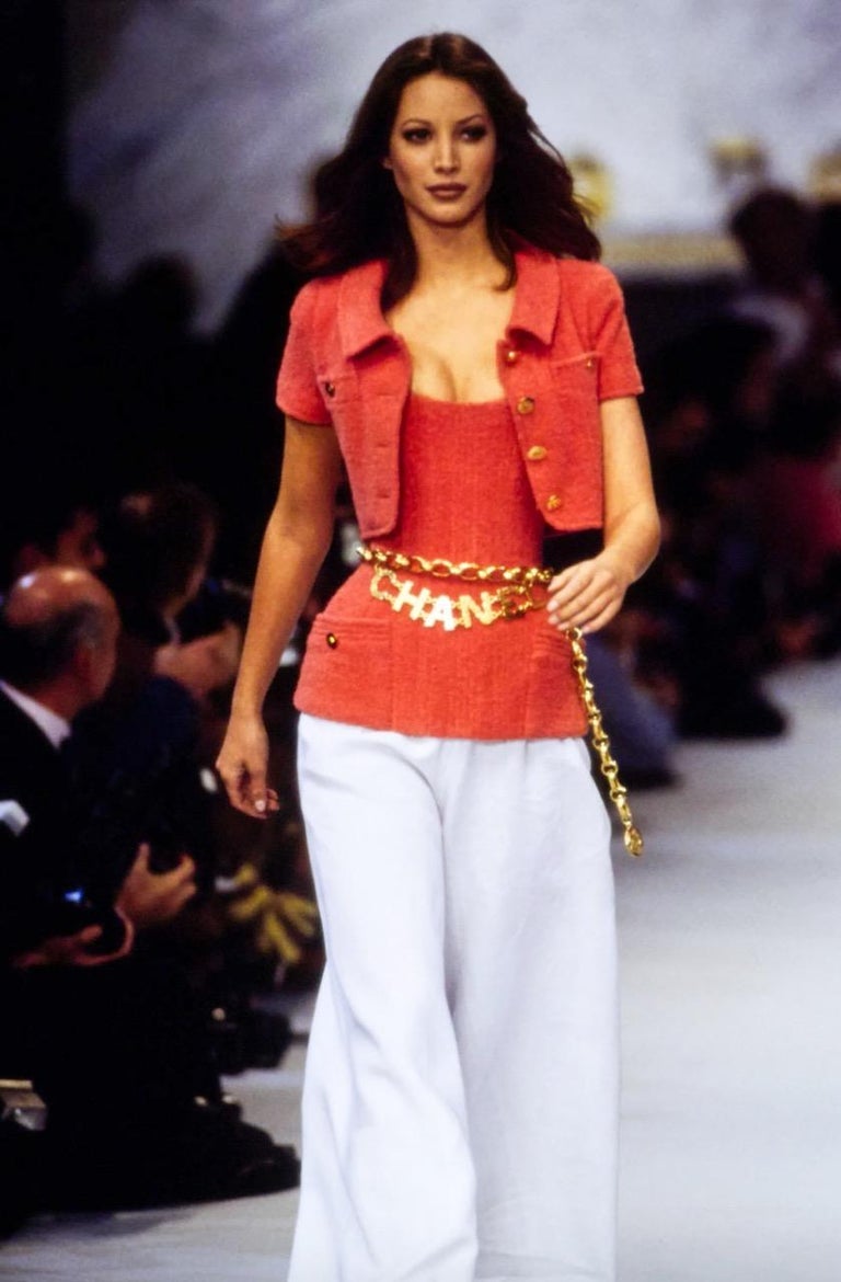 Chanel Vintage Spring 1993 Coral Red Tweed Cropped Jacket Corset Top 93P Set