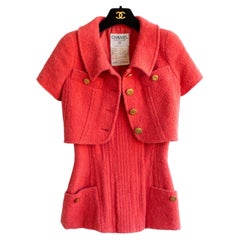  Chanel Vintage Spring 1993 Coral Red Tweed Cropped Jacket Corset Top 93P Set
