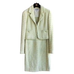 Chanel Pink, Beige Tweed Knit Skirt and Jacket Set with Chiffon Trim For  Sale at 1stDibs