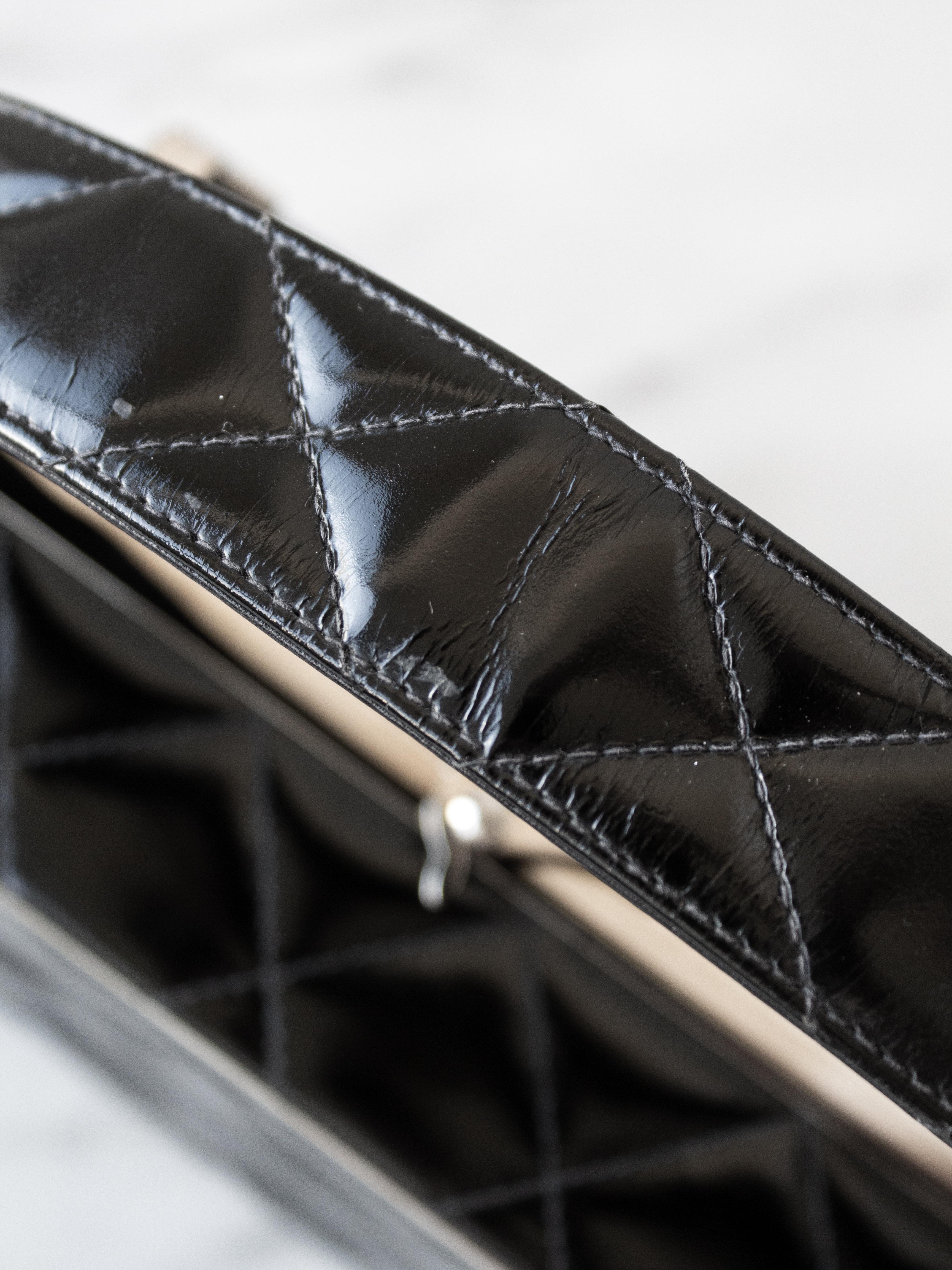 Chanel Vintage Spring 1996 Black Silver Quilted Patent Leather Vanity Box Bag 9