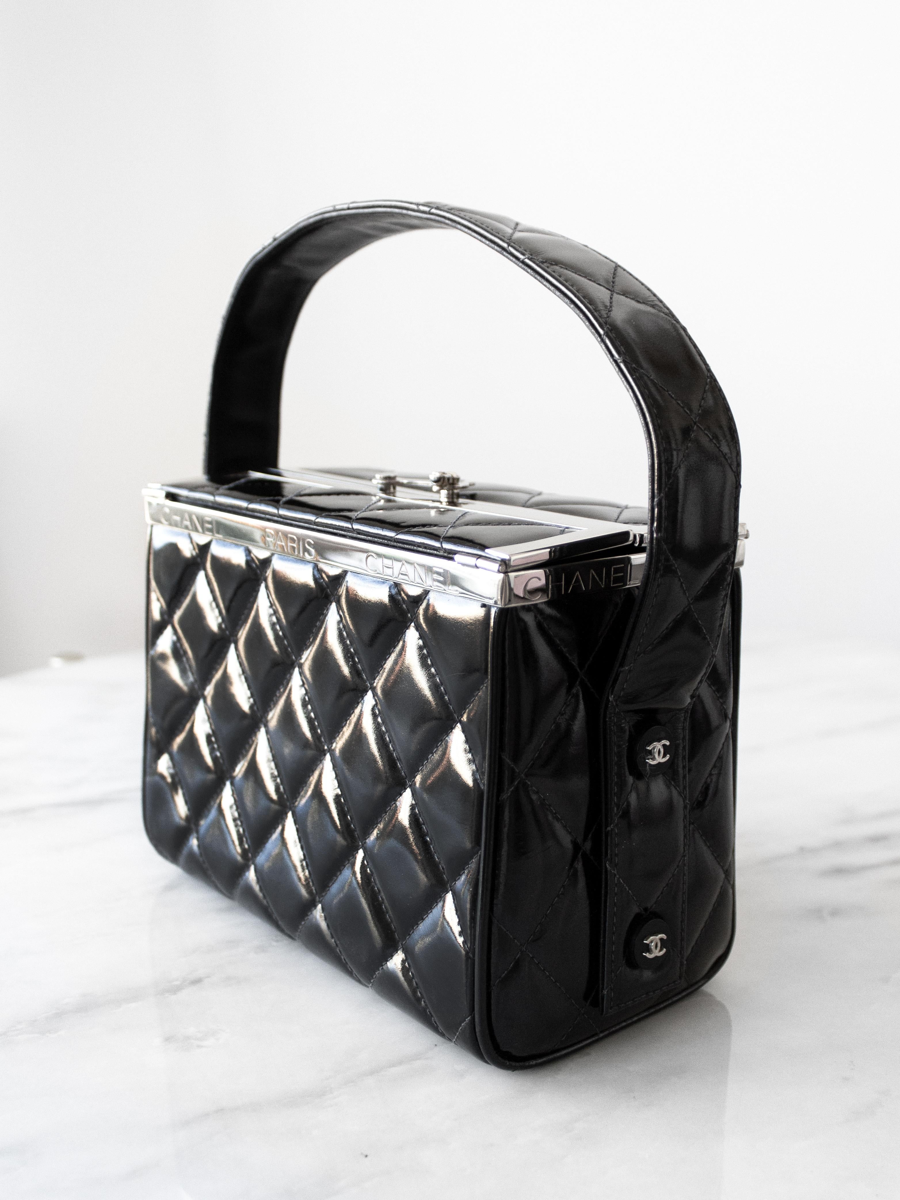 Chanel Vintage Spring 1996 Black Silver Quilted Patent Leather Vanity Box Bag
