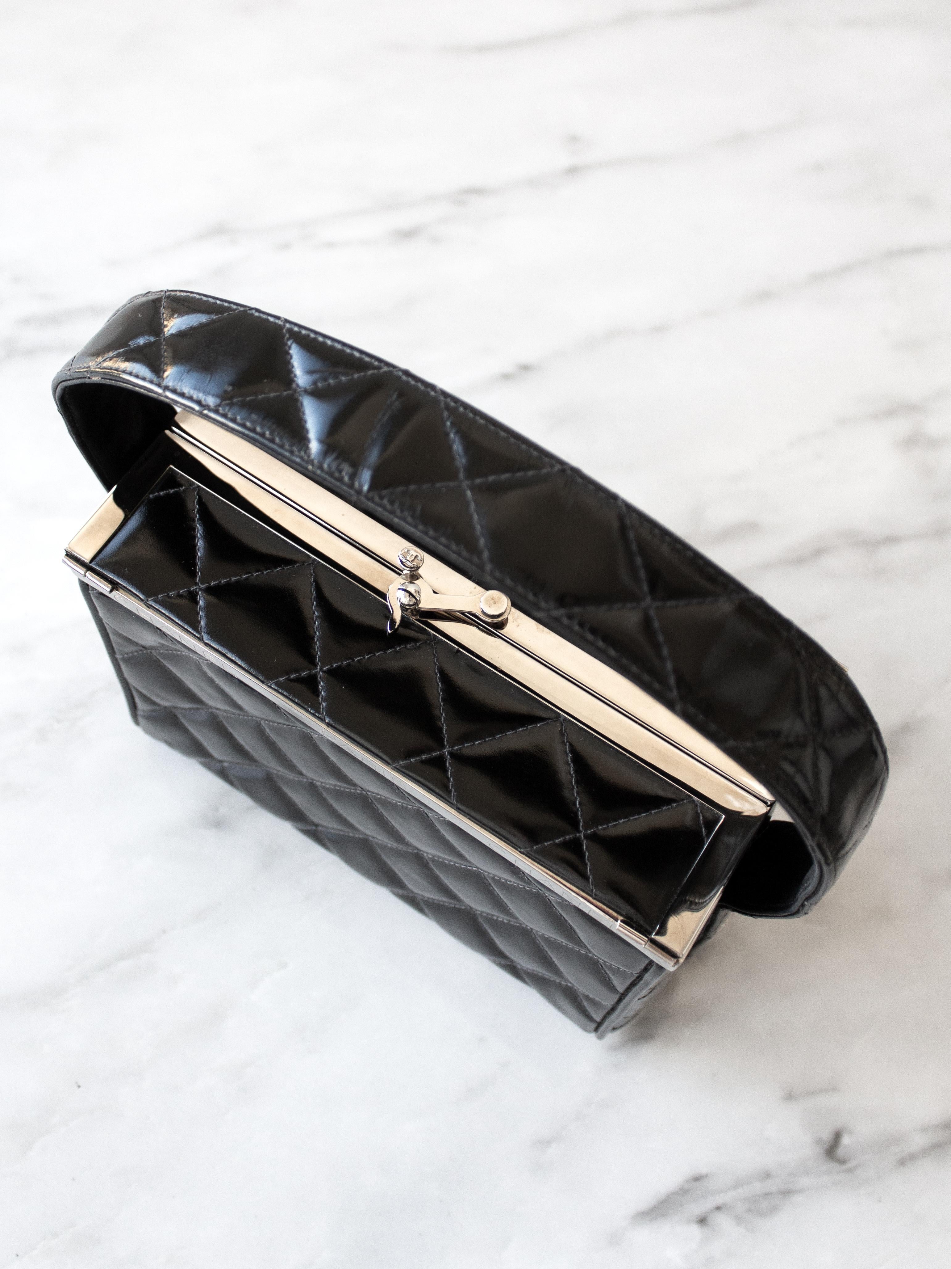 Chanel Vintage Spring 1996 Black Silver Quilted Patent Leather Vanity Box Bag 1