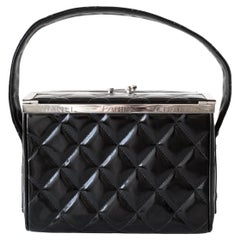 Chanel Vintage Spring 1996 Black Silver Quilted Patent Leather Vanity Box Bag