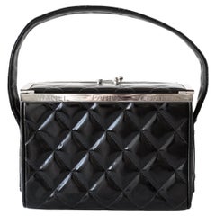 Chanel Retro Spring 1996 Black Silver Quilted Patent Leather Vanity Box Bag