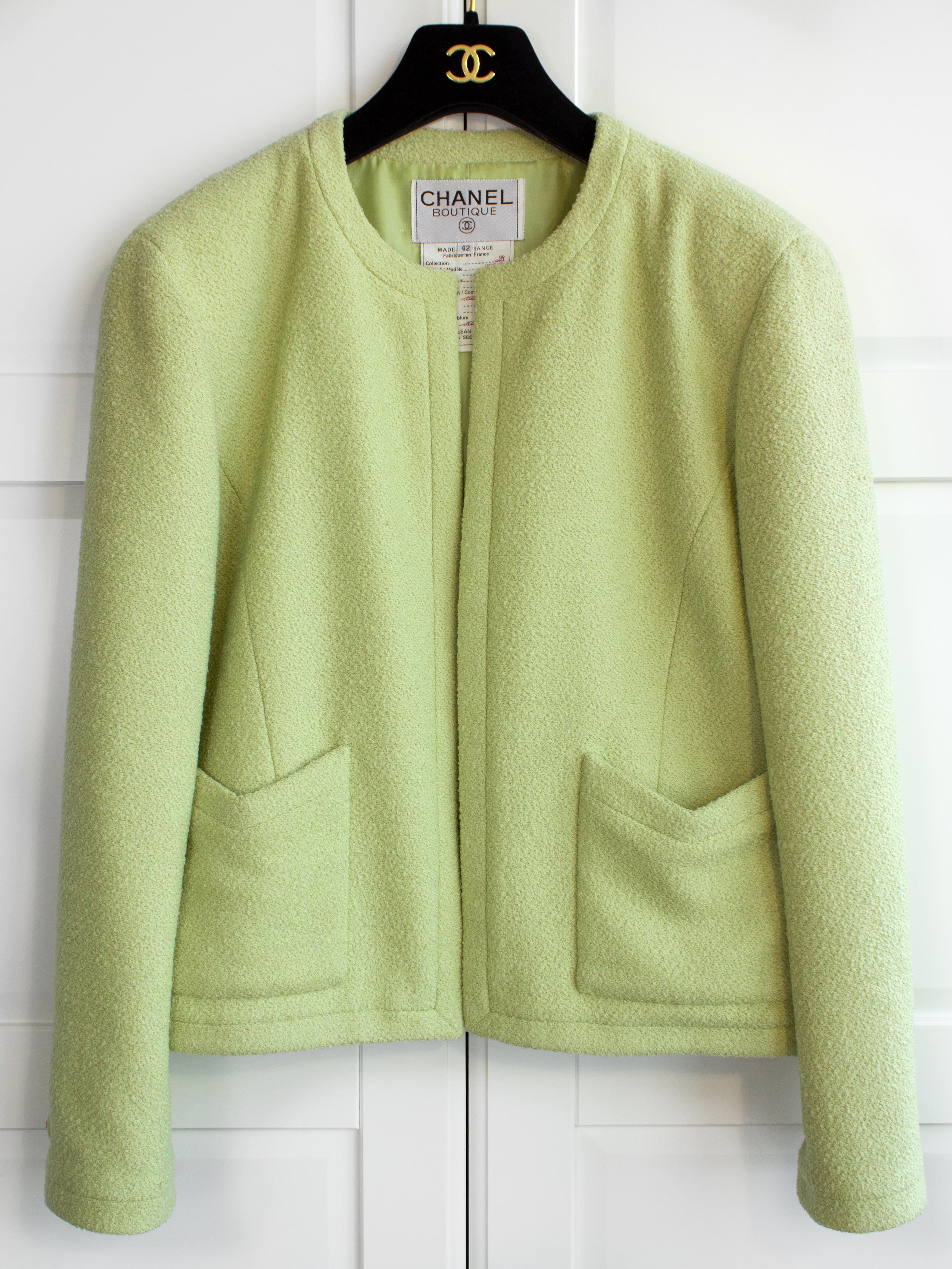 Chanel Vintage Spring/Summer 1992 Green Tweed CC Jacket Skirt Suit For Sale 2