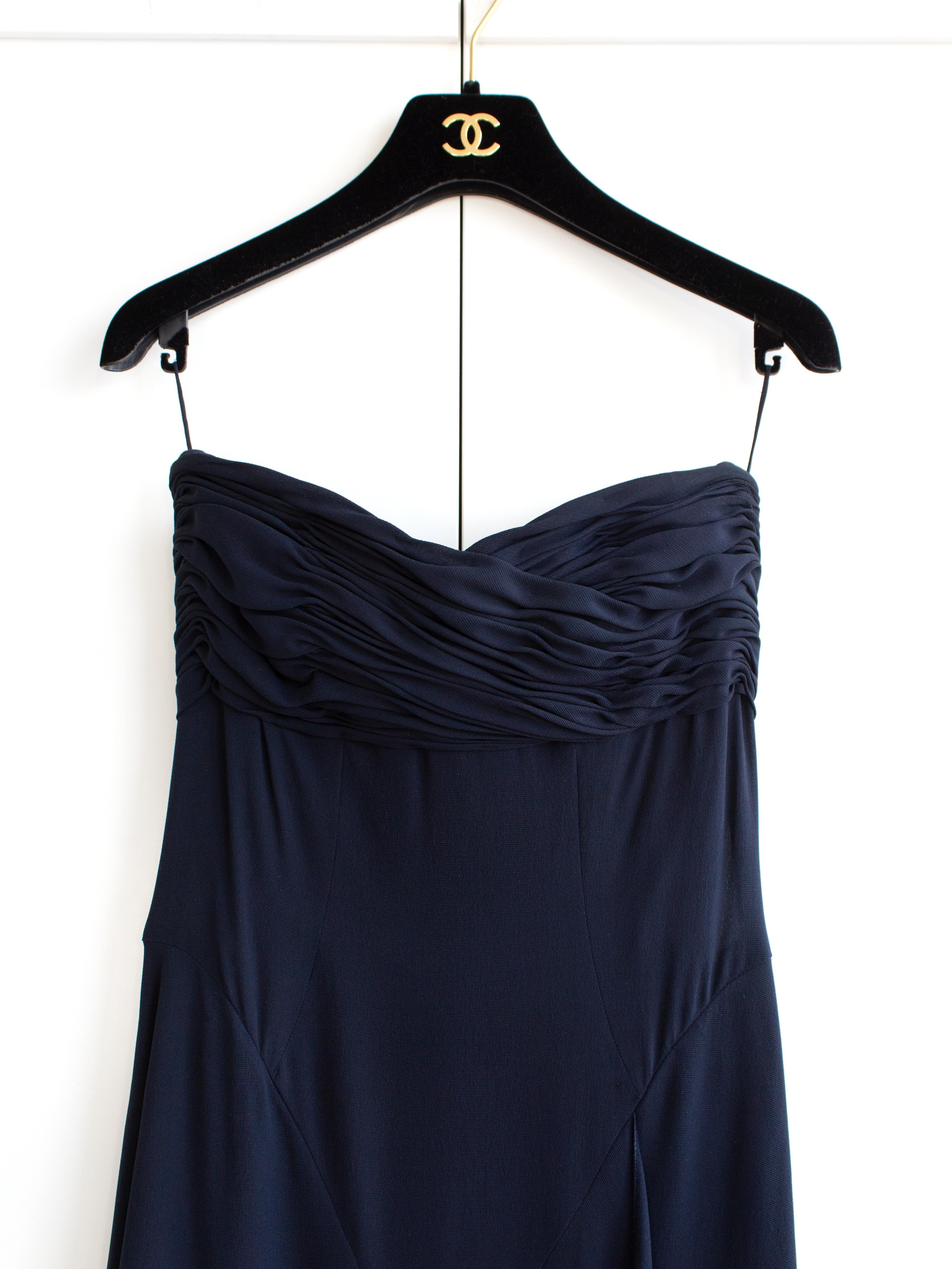 Chanel Vintage Spring/Summer 1992 Navy Blue Silk Sweetheart Draped Dress 2