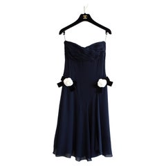 Chanel Vintage Spring/Summer 1992 Navy Blue Silk Sweetheart Draped Dress