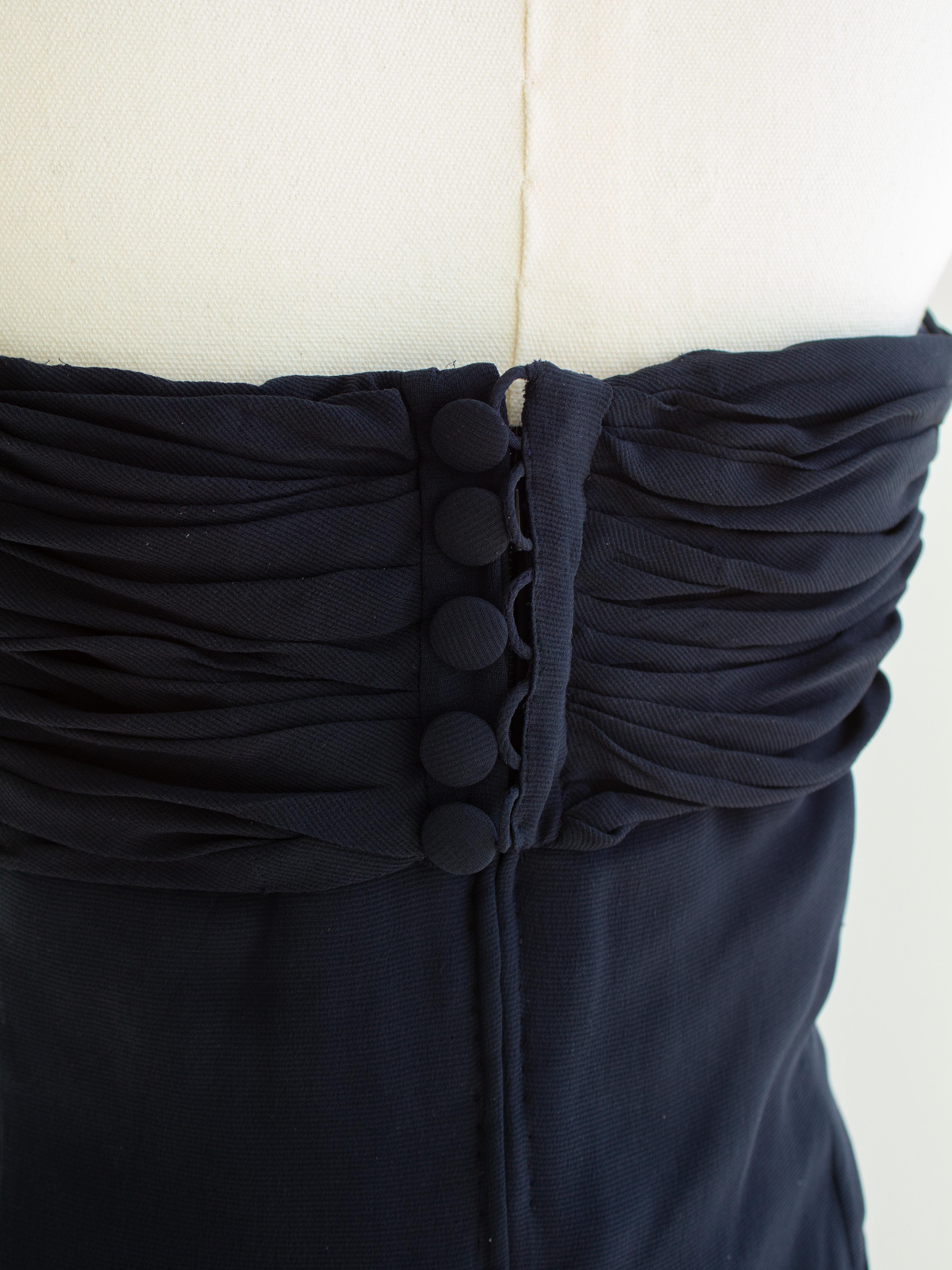 Chanel Vintage Spring/Summer 1992 Navy Blue Silk Sweetheart Draped Mini Dress For Sale 5