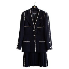 Chanel Vintage Spring/Summer 1992 Navy Blue White Lucite Camellia Jacket Suit