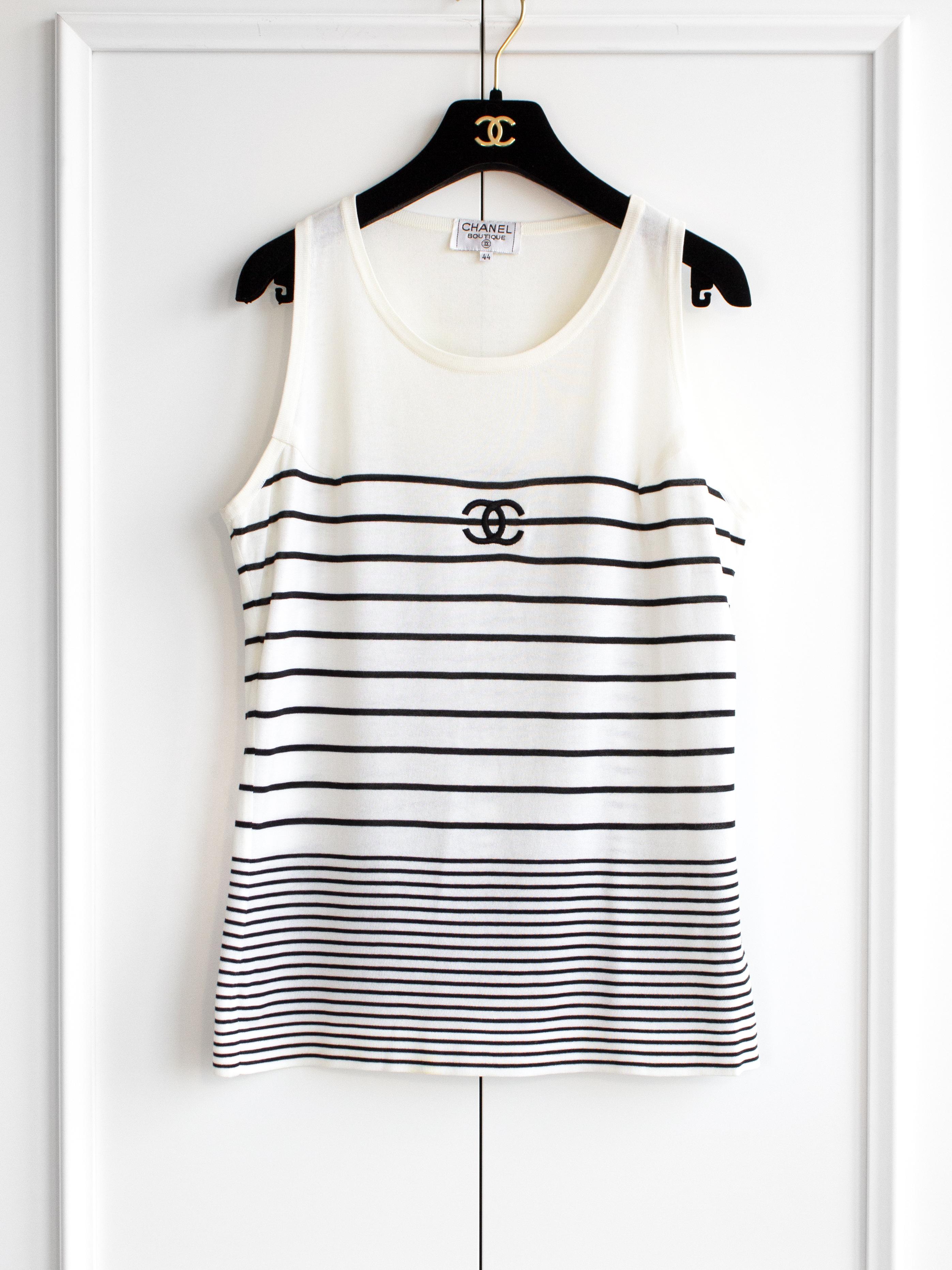 Chanel Vintage Spring/Summer 1994 White Black CC Logo Striped 94P Top 2