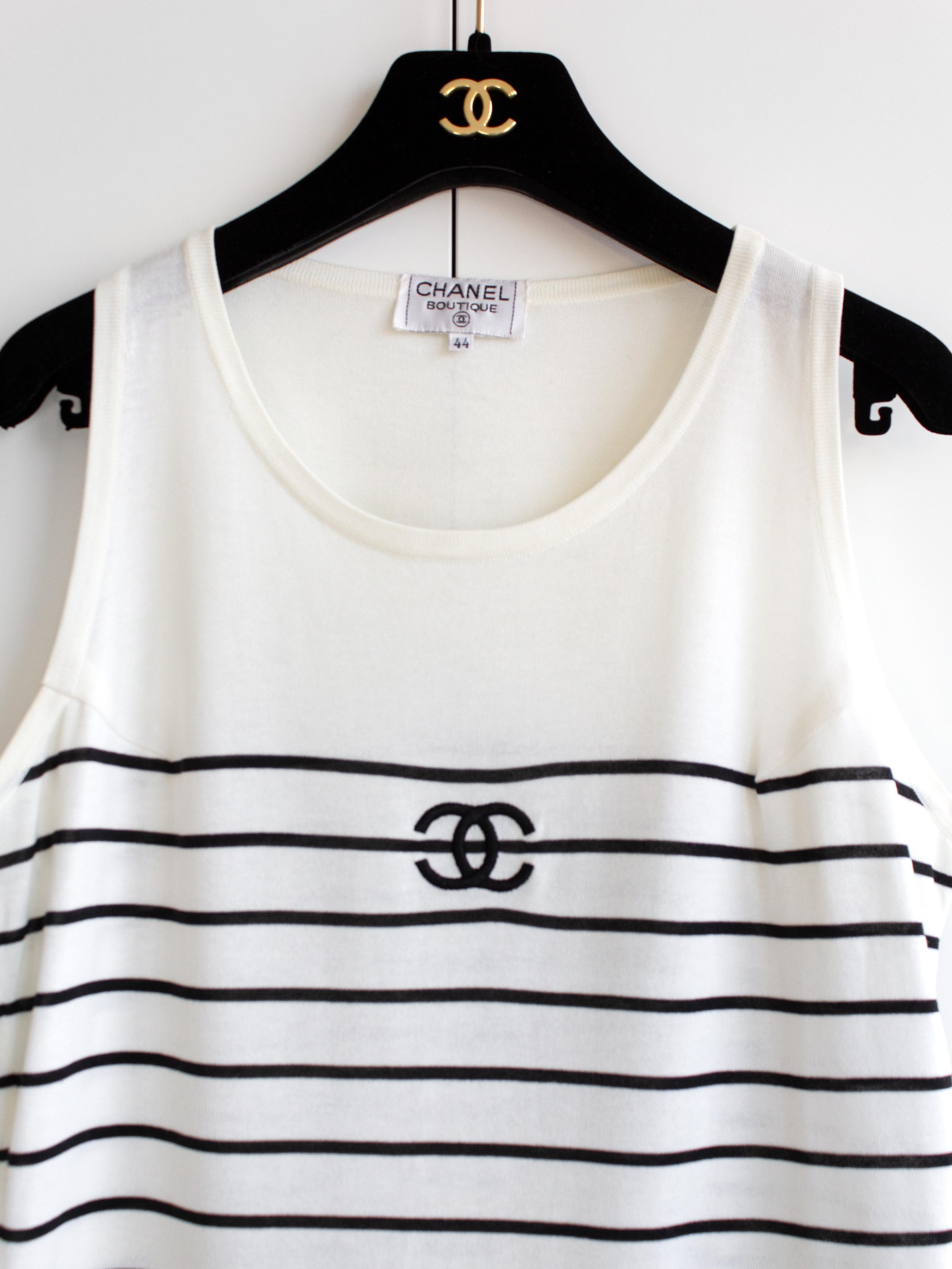 Chanel Vintage Spring/Summer 1994 White Black CC Logo Striped 94P Top 4
