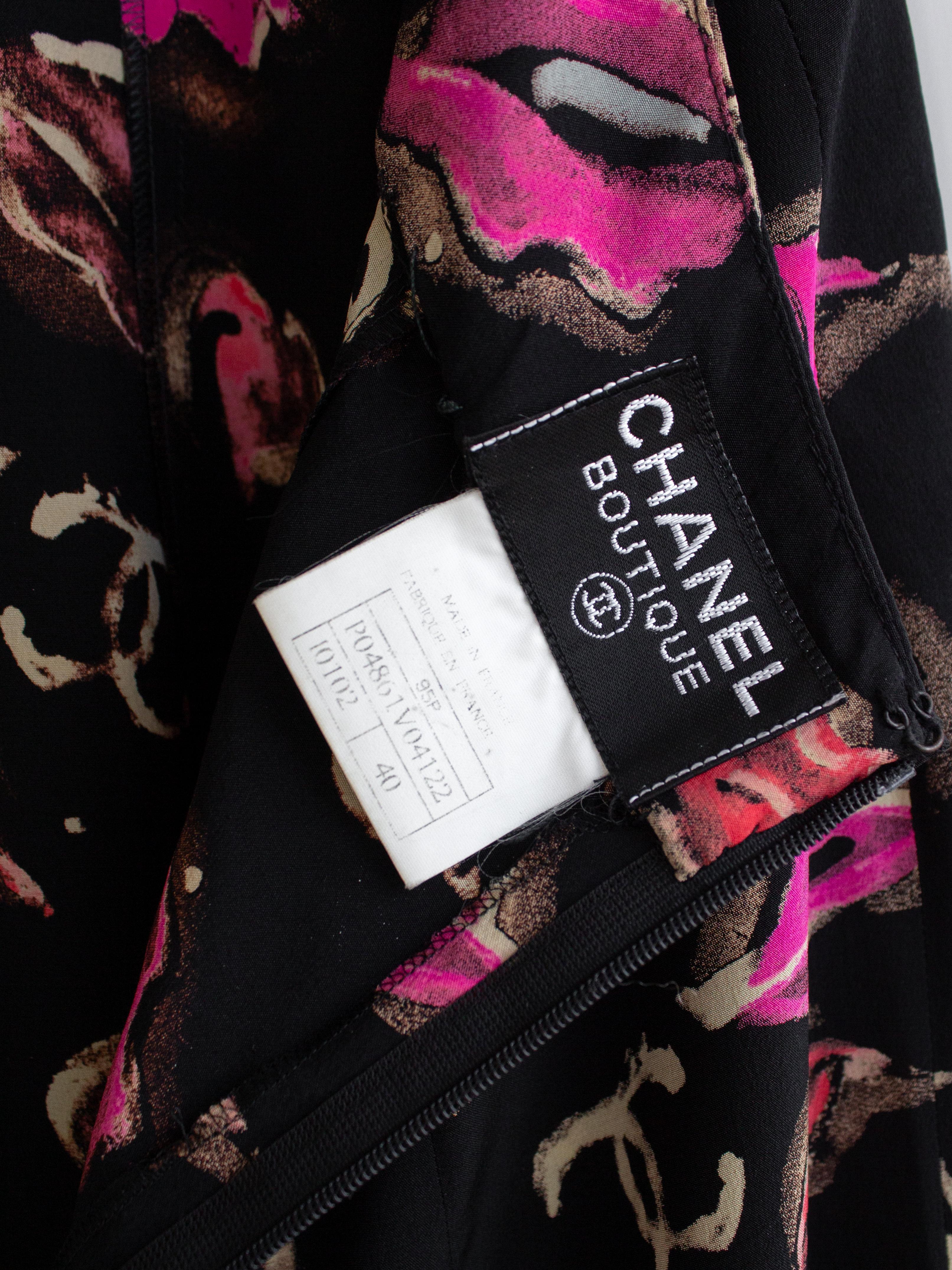 Chanel Vintage Spring/Summer 1995 Black Red Pink Coco Lip Print 95P Silk Dress 10