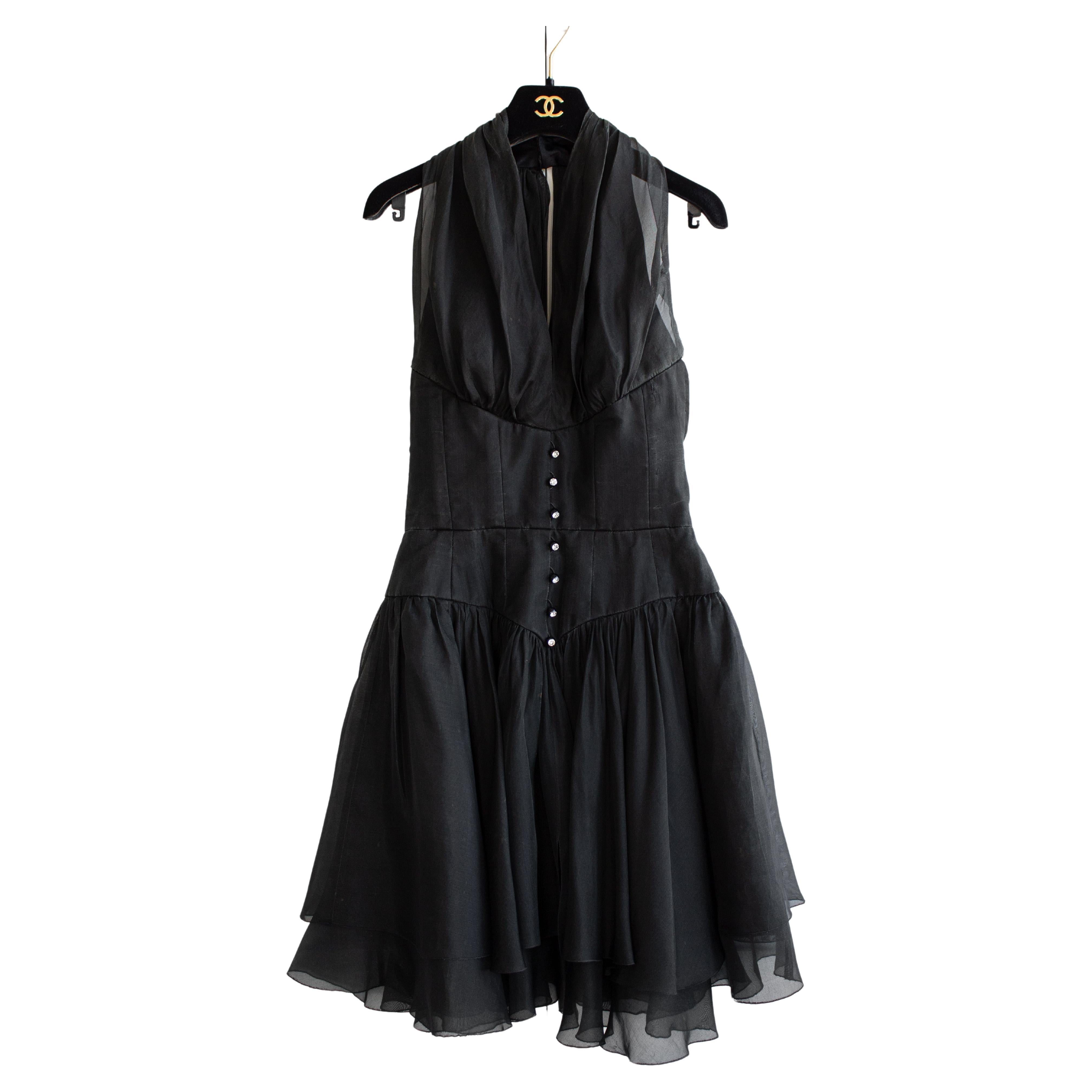 Chanel Vintage Spring/Summer 1995 Black Silk Crystal 95P Mini Dress