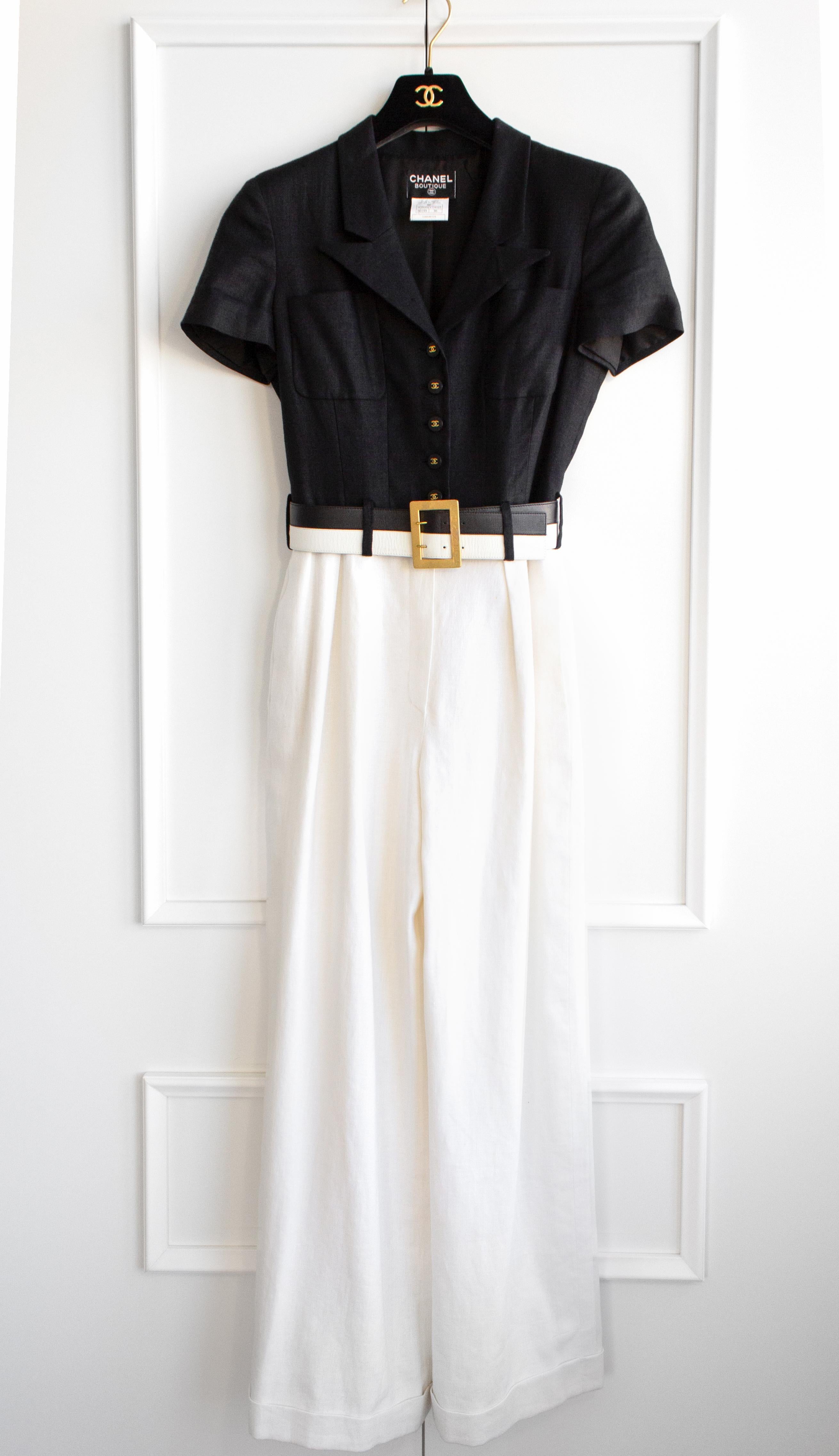 Women's Chanel Vintage Spring/Summer 1995 Black White CC Belt Linen 95P Jumpsuit