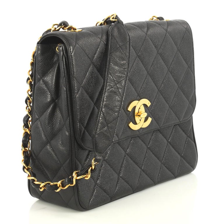 Chanel Vintage Square CC Flap Bag Quilted Caviar Medium at 1stDibs