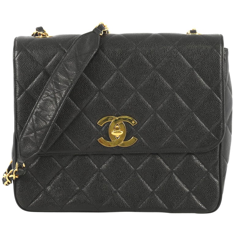 Chanel Vintage Square CC Flap Bag Quilted Caviar Medium at 1stDibs