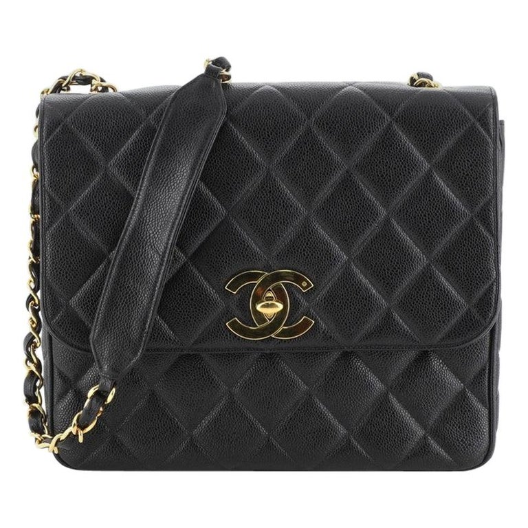 Chanel Vintage Square CC Flap Bag Quilted Caviar Medium at 1stDibs