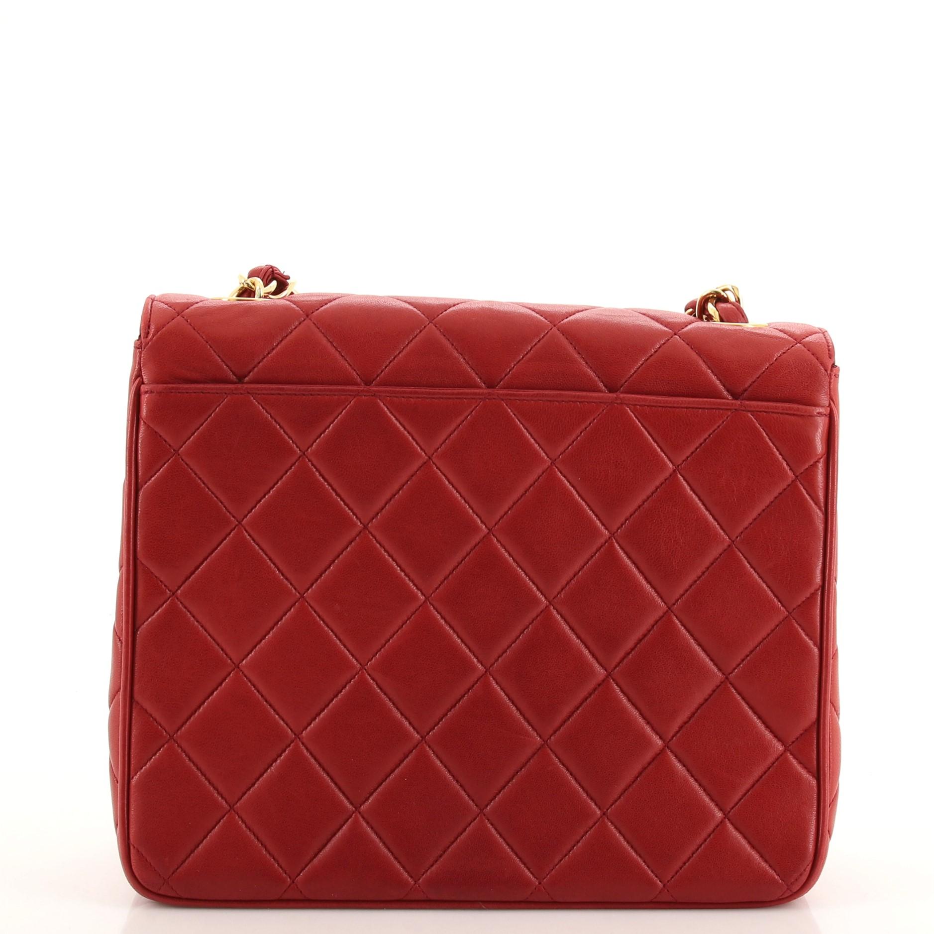 Red  Chanel Vintage Square CC Flap Bag Quilted Lambskin Medium